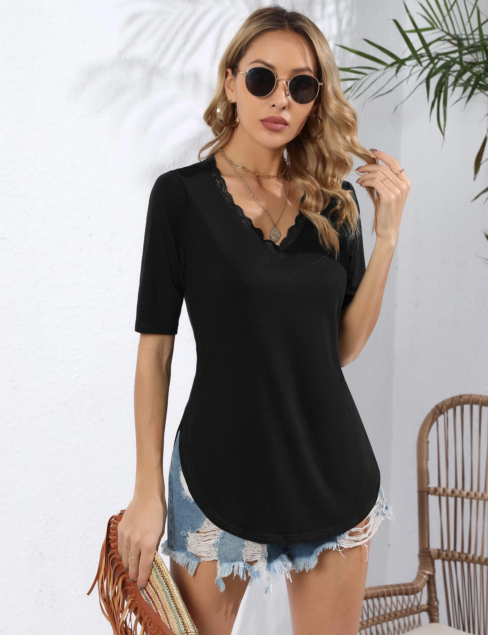 KOJOOIN Women's V-Neck Lace Trim Tunic Top Short Sleeve Relaxed Knit Curved Hem Blouse Shirts