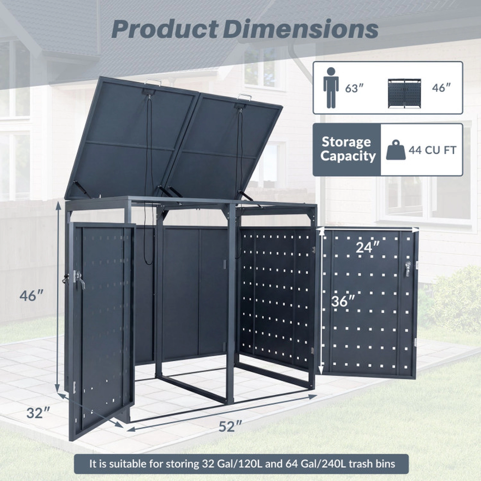 SUGIFT Outdoor Metal Garbage Bin Storage Shed for 2 Trash Cans 46-in Tall Double Trash Can Enclosure Gray