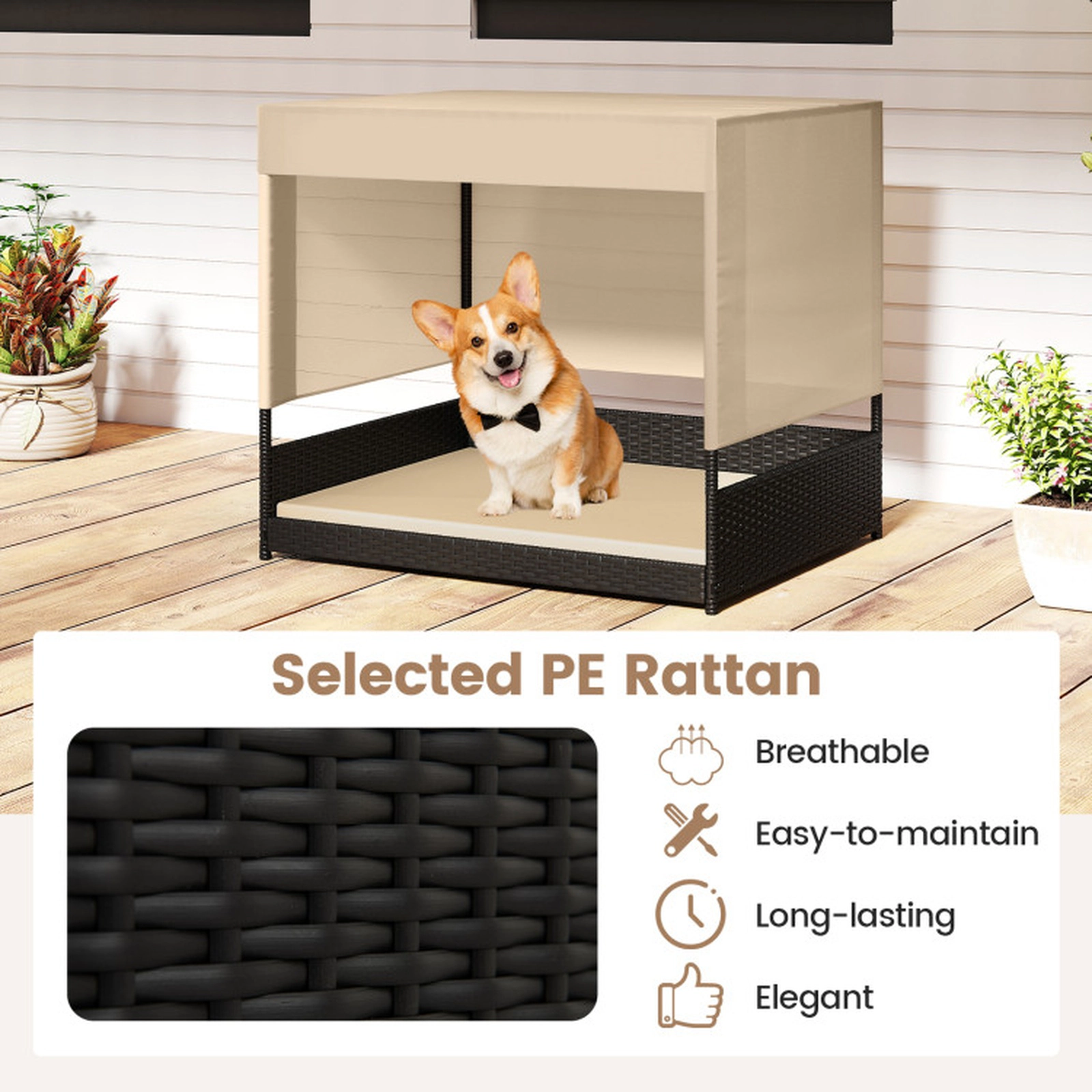 SUGIFT Black Elevated Wicker Dog House with Canopy Roof and Removable Cushion 35.5-in W 27.5-in D 32-in H