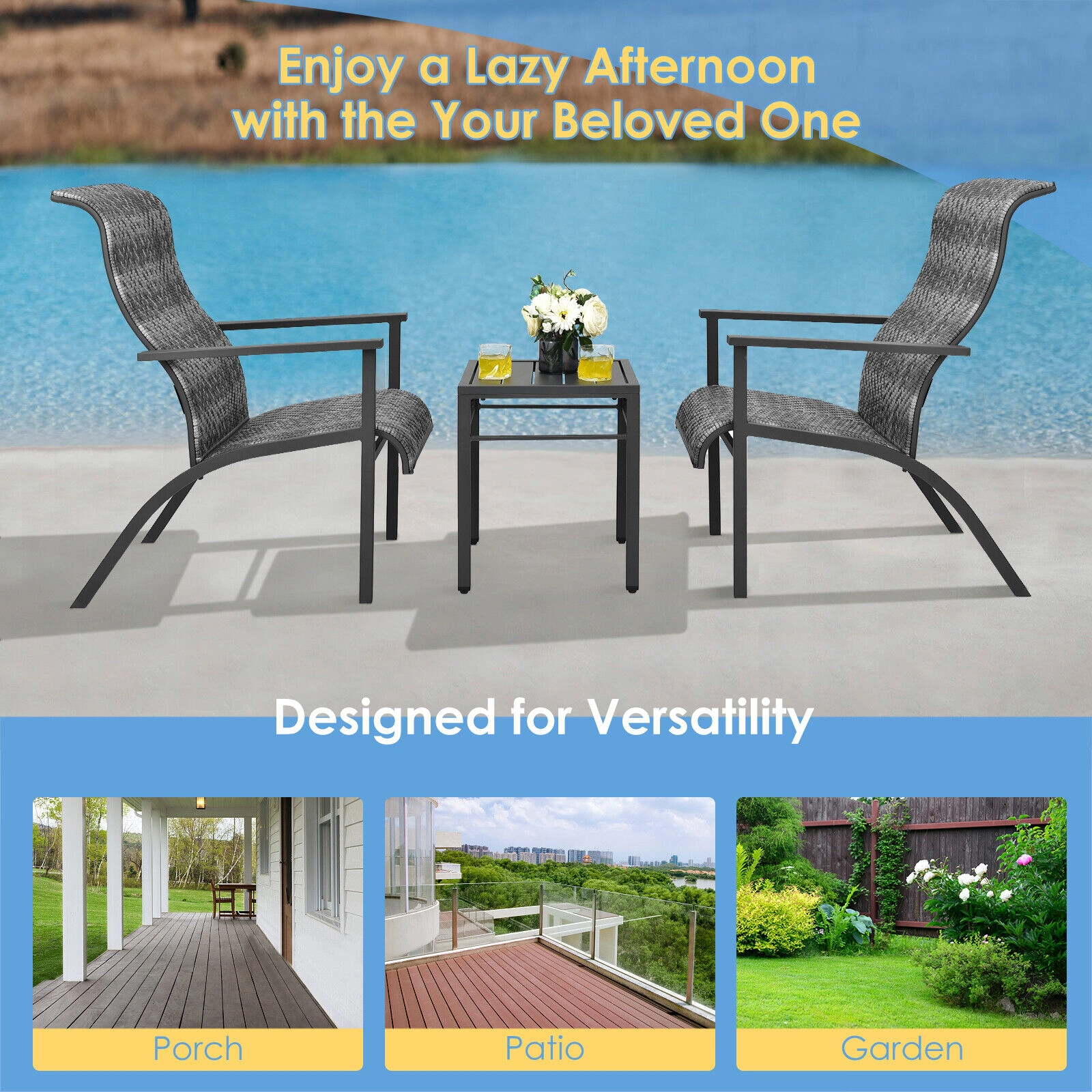 SUGIFT 3 Piece Patio Rattan Bistro Set Gray with High Backrest Chairs and Side Table