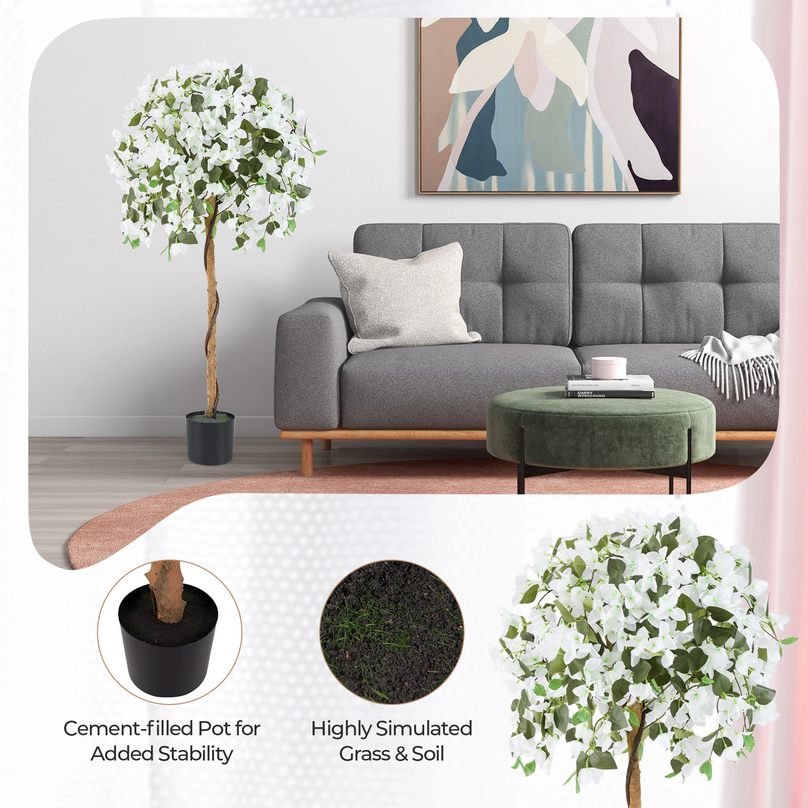 SUGIFT 53-in Tall Artificial White Azalea Tree with 576 Silk Blooms 288 Leaves and Cement-Filled Pot
