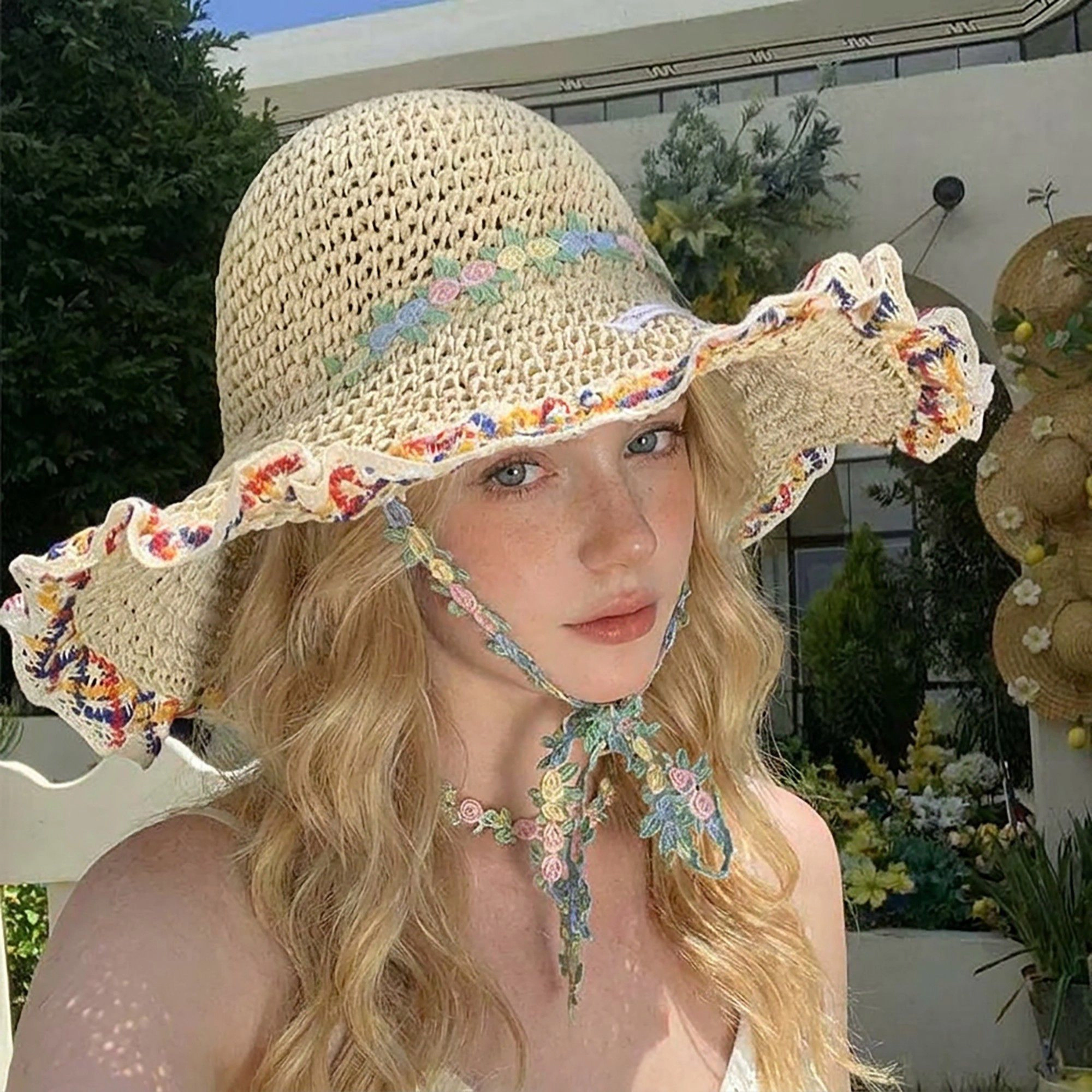 Anna-Kaci Women's Crochet Wide Brim Sun Hat with Floral Trim Wavy Edge and Decorative Chin Strap