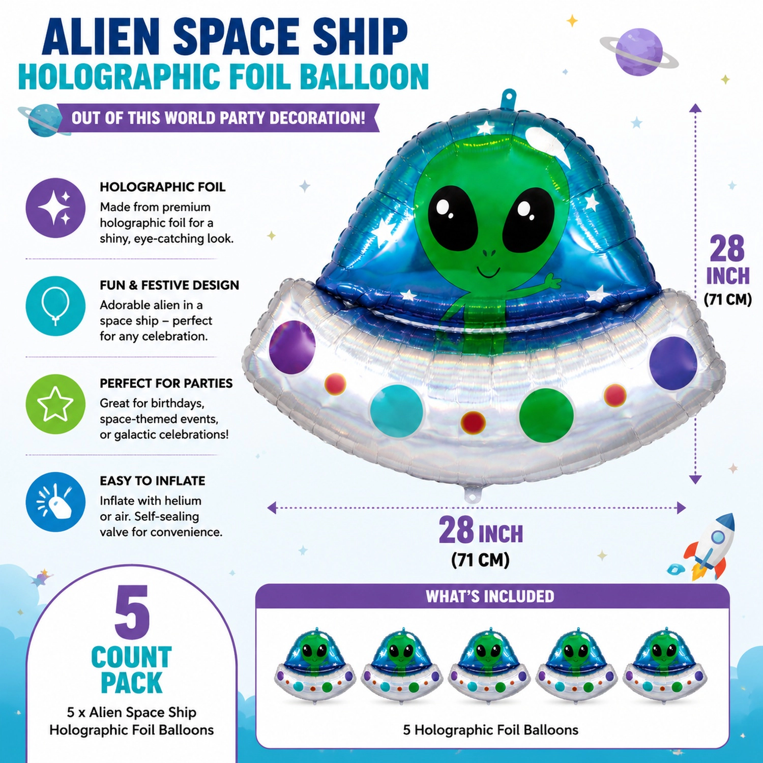 LoonBalloon 28 in Holographic Foil Balloons 5-Pack, Alien Space Ship Design