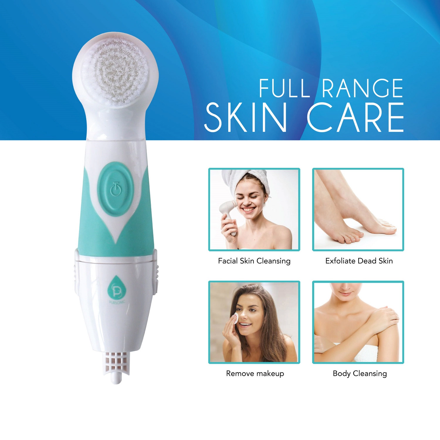 Pursonic Unisex Waterproof 360° Facial & Body Exfoliating Cleansing Brush with Extended Handle