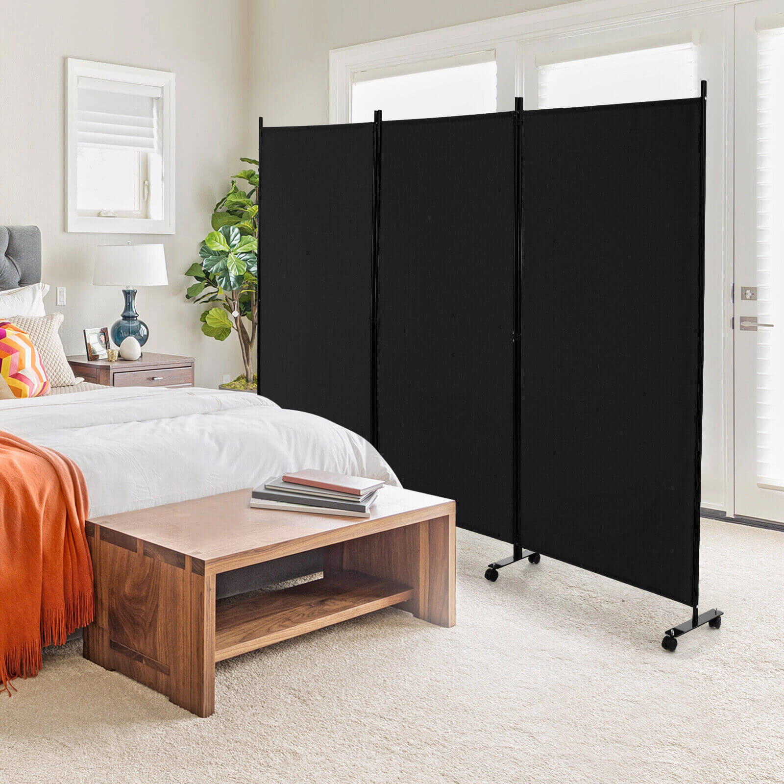 SUGIFT Black 3-Panel Folding Room Divider Privacy Screen with Lockable Wheels and 32-in by 65-in Panels