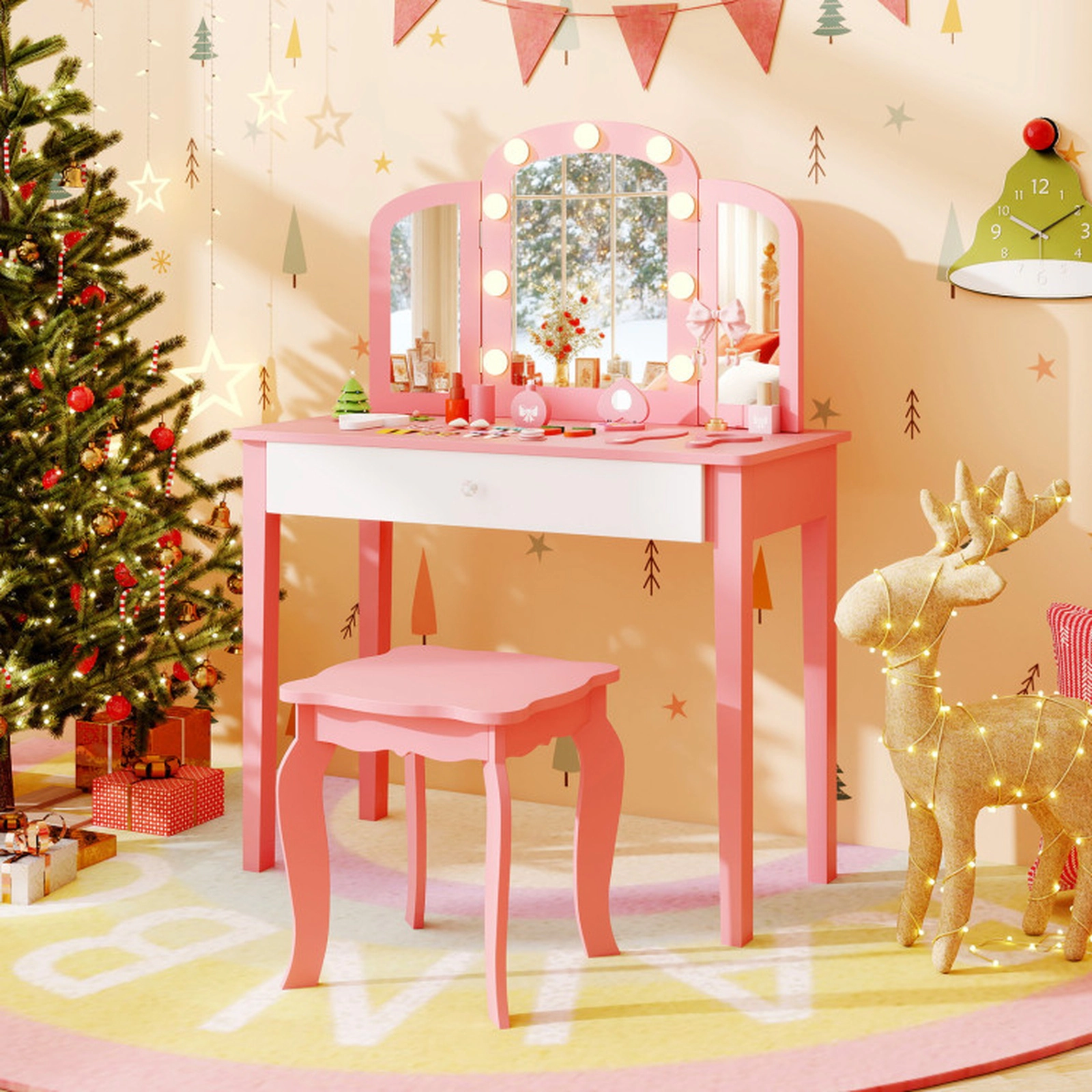 SUGIFT 2-in-1 Kids Vanity Table Set with Tri-Folding Detachable Lighted Mirror 110-lb Capacity Ages 3-12 Pink/White