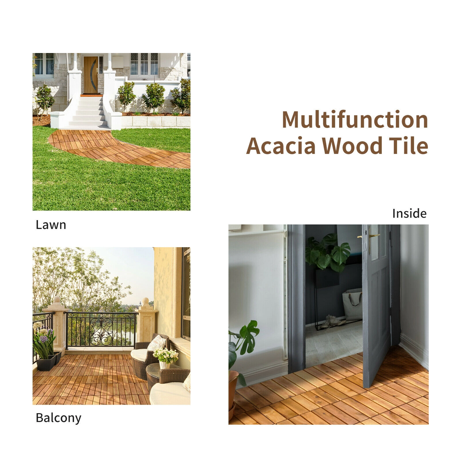 SUGIFT Natural 27-Piece Acacia Wood Interlocking Patio Deck Tiles with Plastic Base 12-in W 12-in D 1-in H