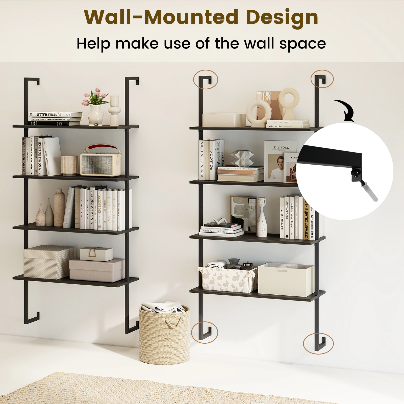 SUGIFT 4-Tier Wall Mounted Ladder Bookcase 44-lb Shelf Capacity Black Rustic Brown