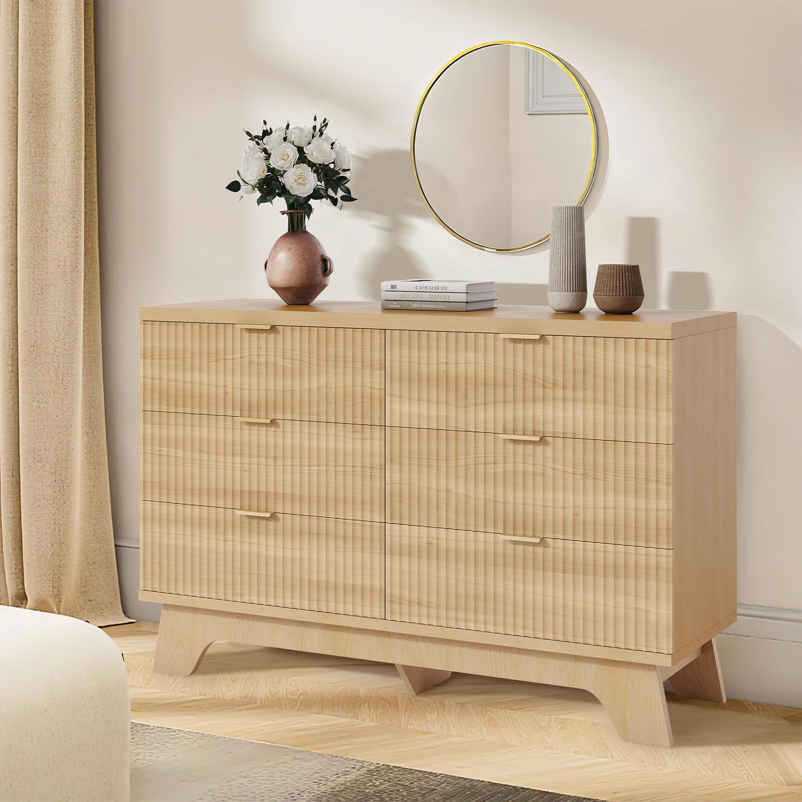 47" Mid-Century Fluted 6 Drawer Dresser with Gold Handles, Wood Storage Chest