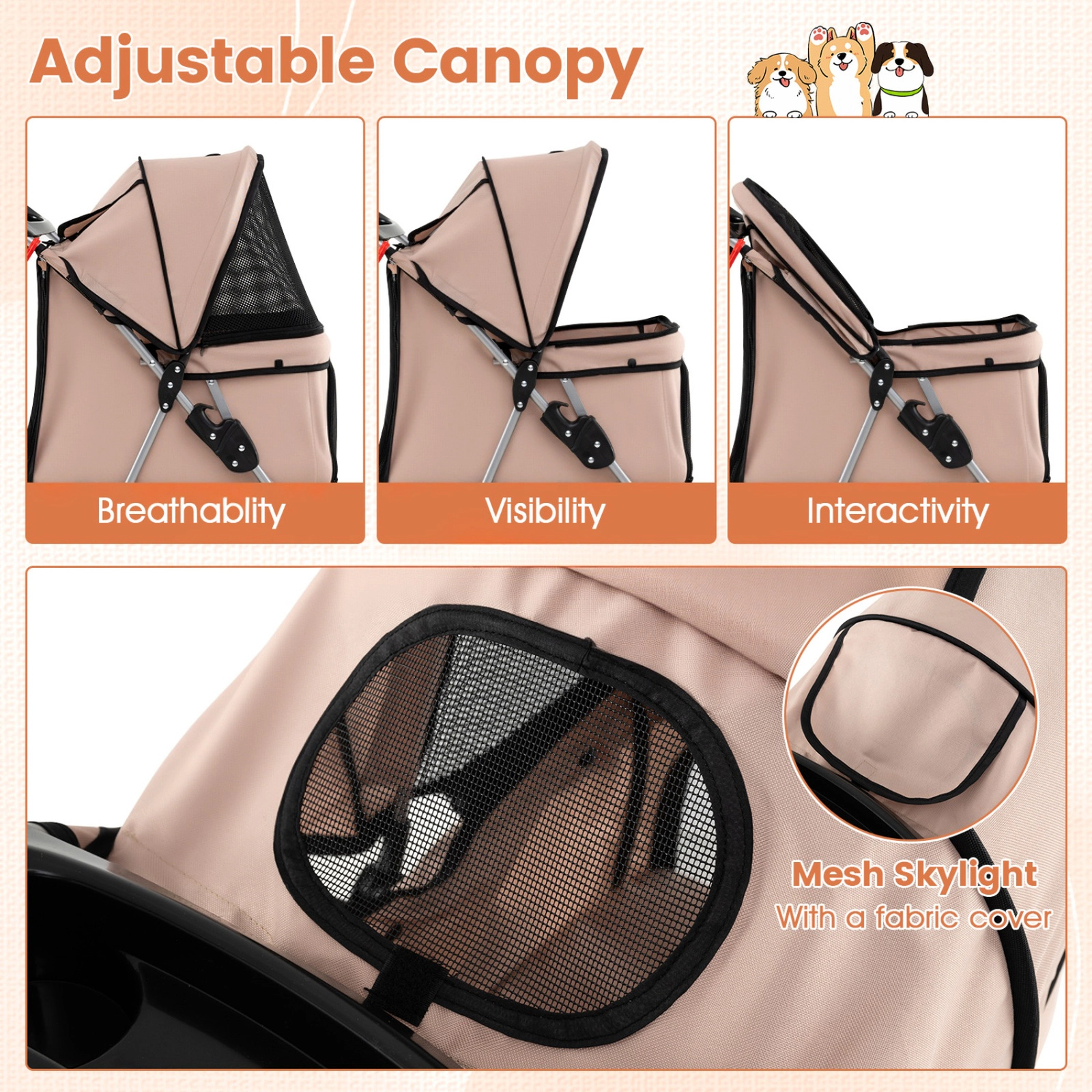 SUGIFT Beige 4-Wheel 33-lb Capacity Folding Pet Stroller for Small Dogs and Cats with Cup Holder and Basket