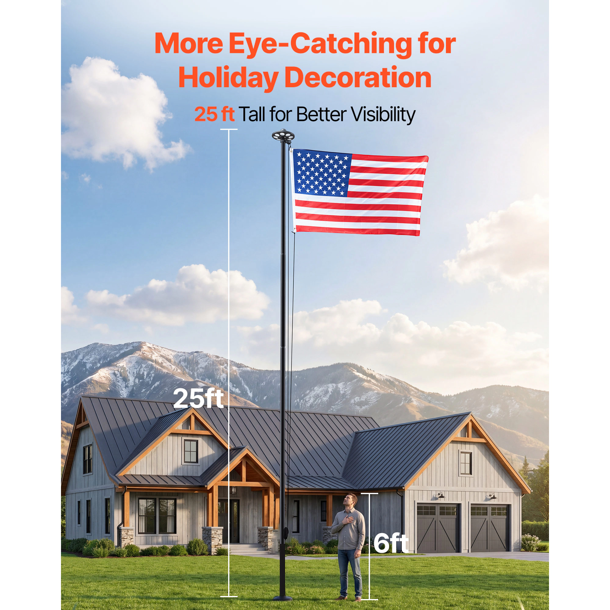 HONGGE Flag Pole Heavy Duty Sectional Flagpole Kit with 136 LED Solar Light for Outside House In Ground Outdoor