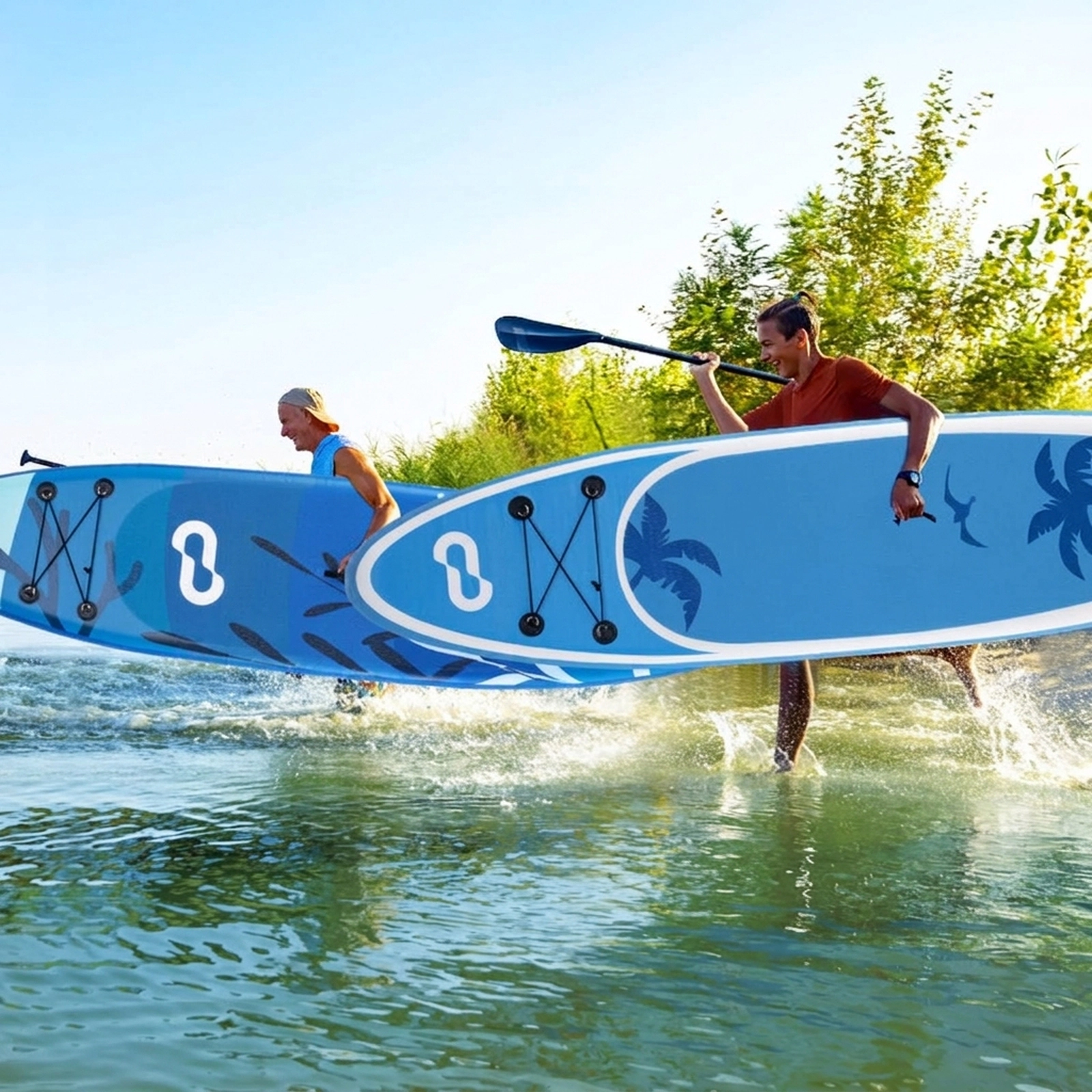 SUGIFT Inflatable Stand Up Paddle Board Water Toy with Accessories 310-lb Capacity Blue+White Deck Drop Stitch Core
