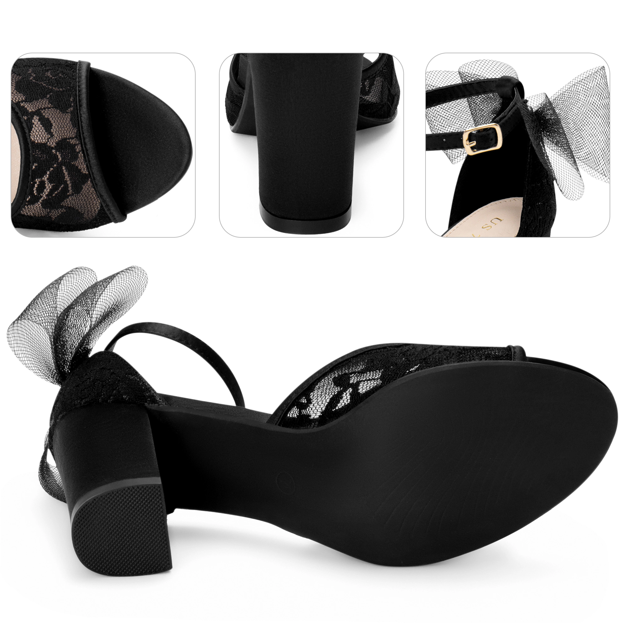BLISSFUL STEP Women's Lace Open Toe Bow Chunky Block Heel Party Wedding Sandals