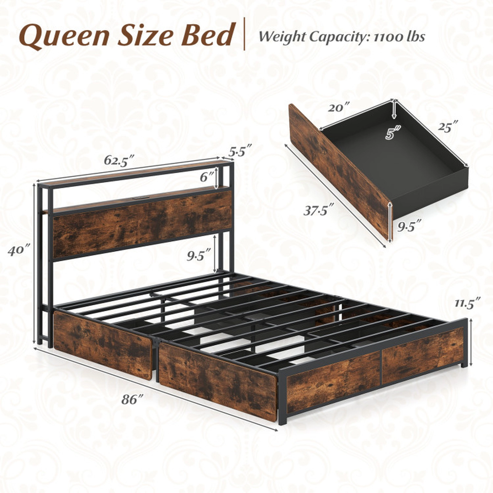 SUGIFT Full/Queen Size LED Bed Frame with Charging Station and 4 Storage Drawers 1100-lb Capacity Rustic Brown + Black