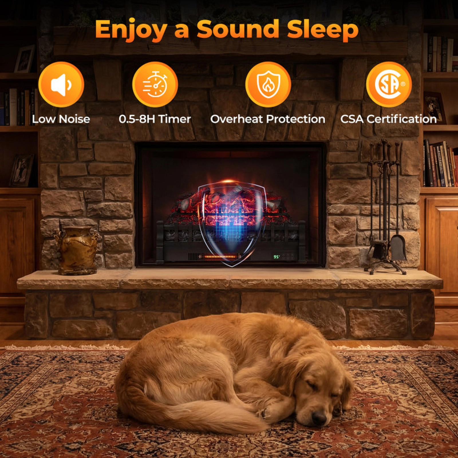 SUGIFT 26-Inch Electric Fireplace Log Heater with Infrared Quartz and Lemonwood-Style Logs Black