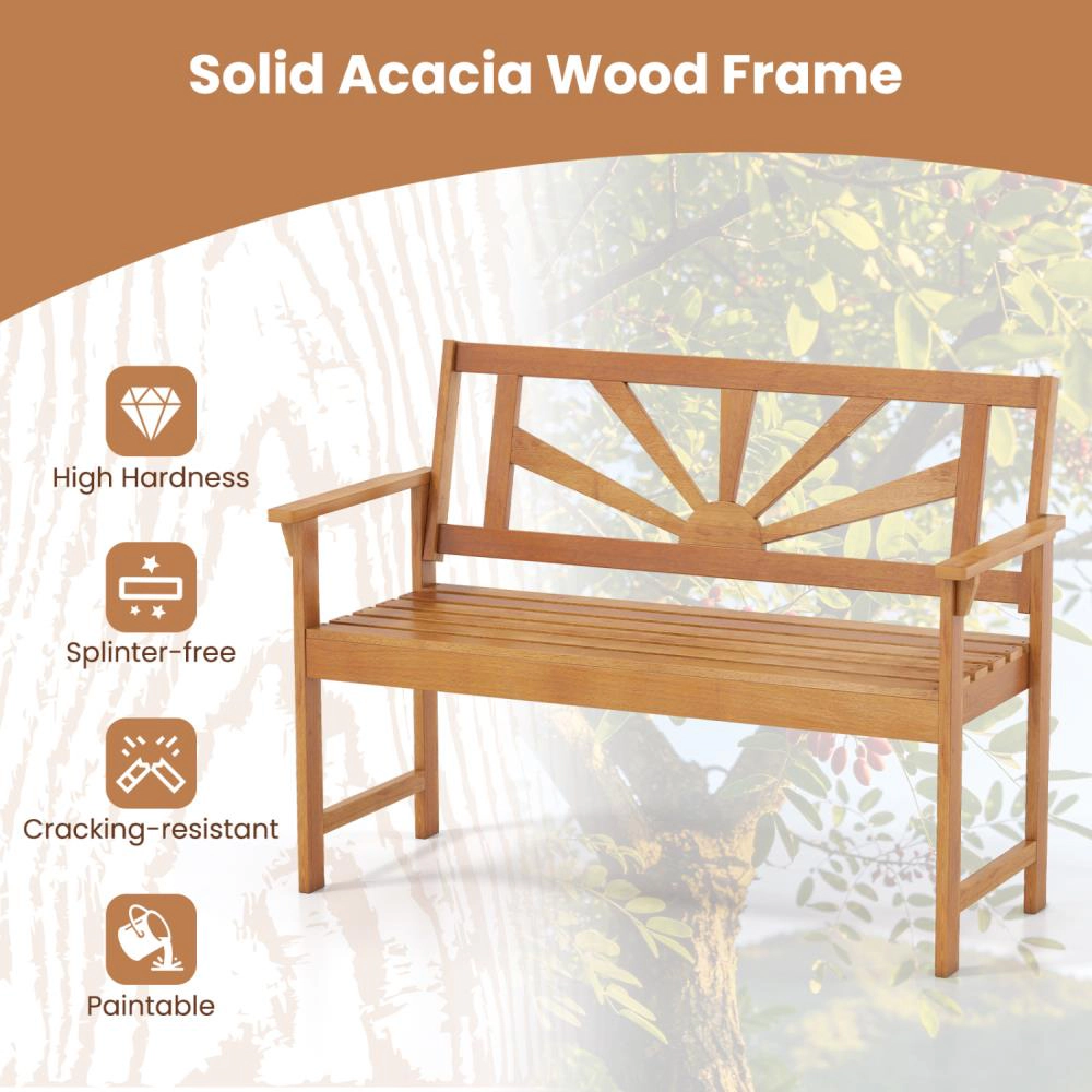 Hivvago 2-Seater Acacia Wood Loveseat Bench With Backrest And Armrests For Patio