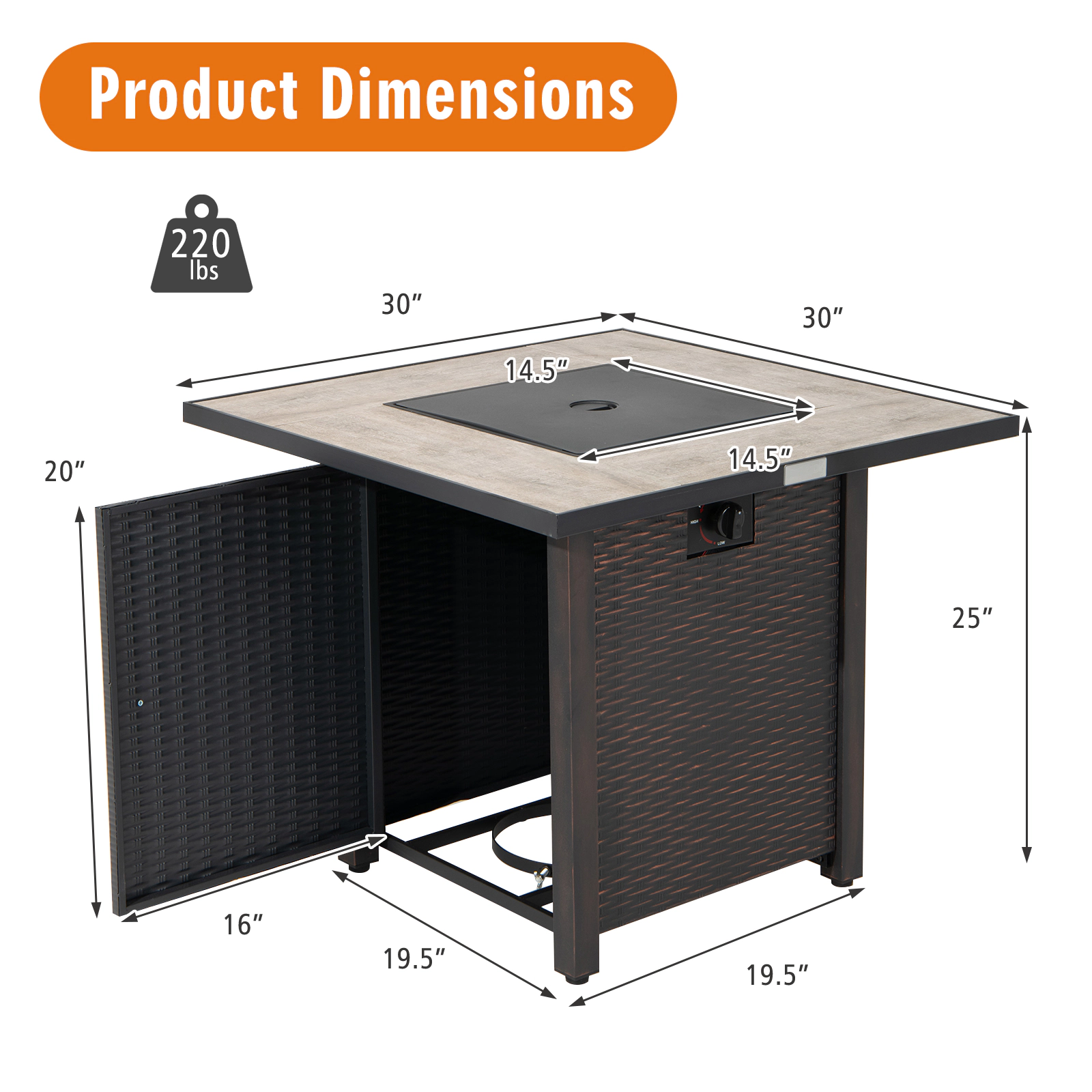 SUGIFT Square Brown Propane Gas Fire Pit Table with Ceramic Tabletop and Lava Rocks 30-in W 30-in D 25-in H