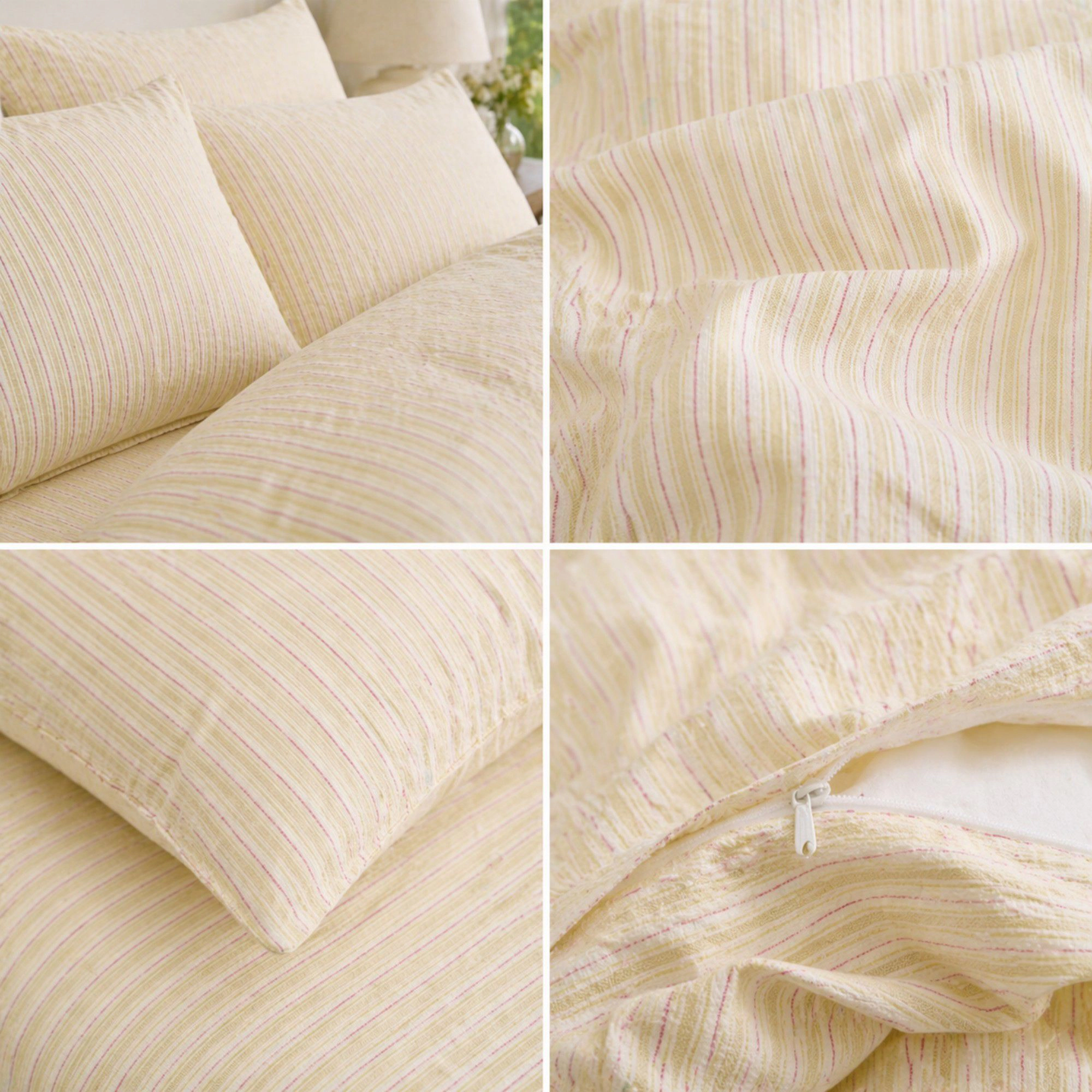Alilang Unisex 4-Piece Cotton Washed Bedding Set with Duvet Cover Flat Sheet and Pillowcases Striped Woven Design