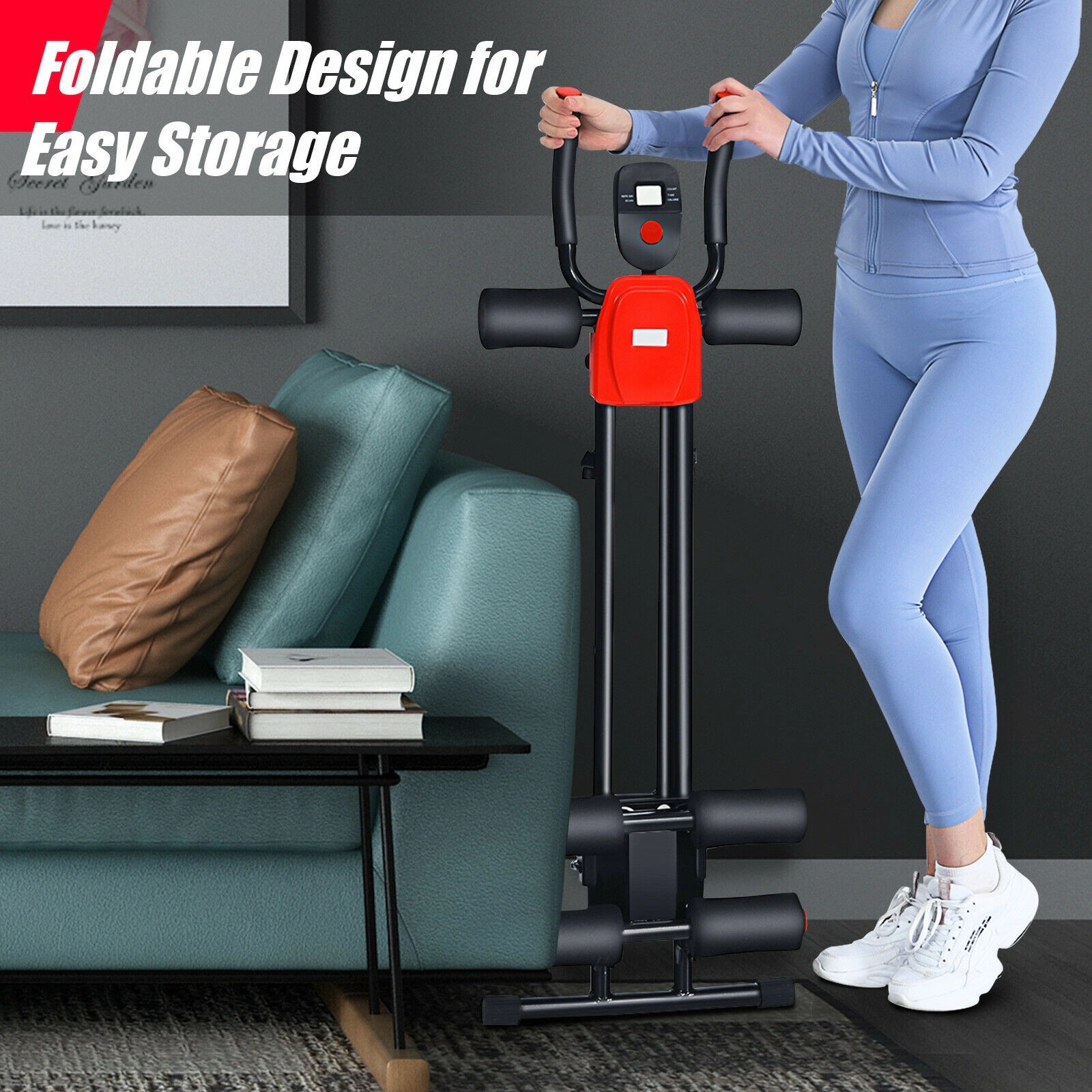 SUGIFT Foldable Core Abdominal Trainer Push-Up Bar 3 Resistance Levels LCD Display 330-lb Capacity Black/Red