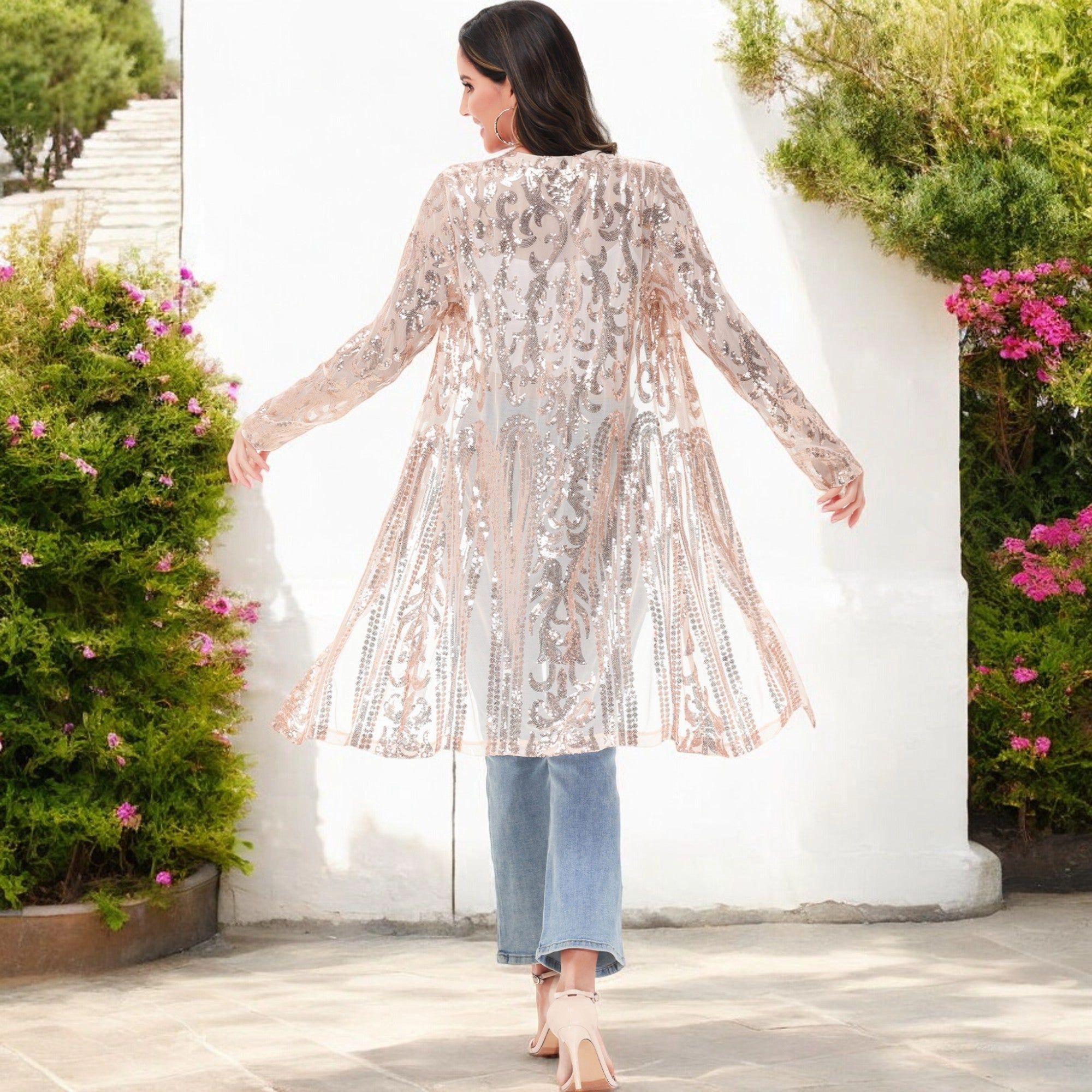 Anna-Kaci Women's Long Sequin Cardigan Open Front Sheer Duster Jacket