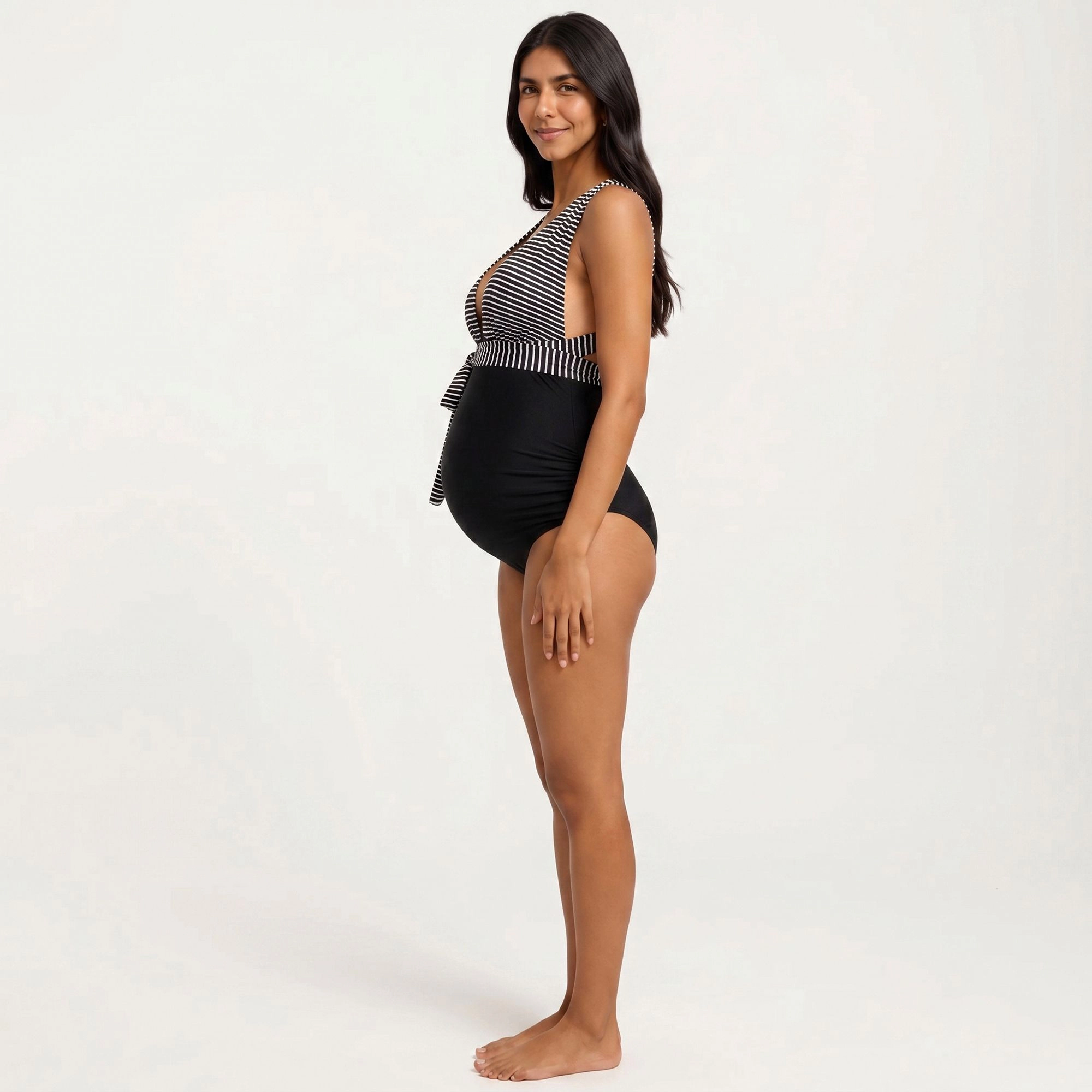 Anna-Kaci Women Maternity Striped One-Piece Swimsuit - Tie Waist, Deep V-Neckline