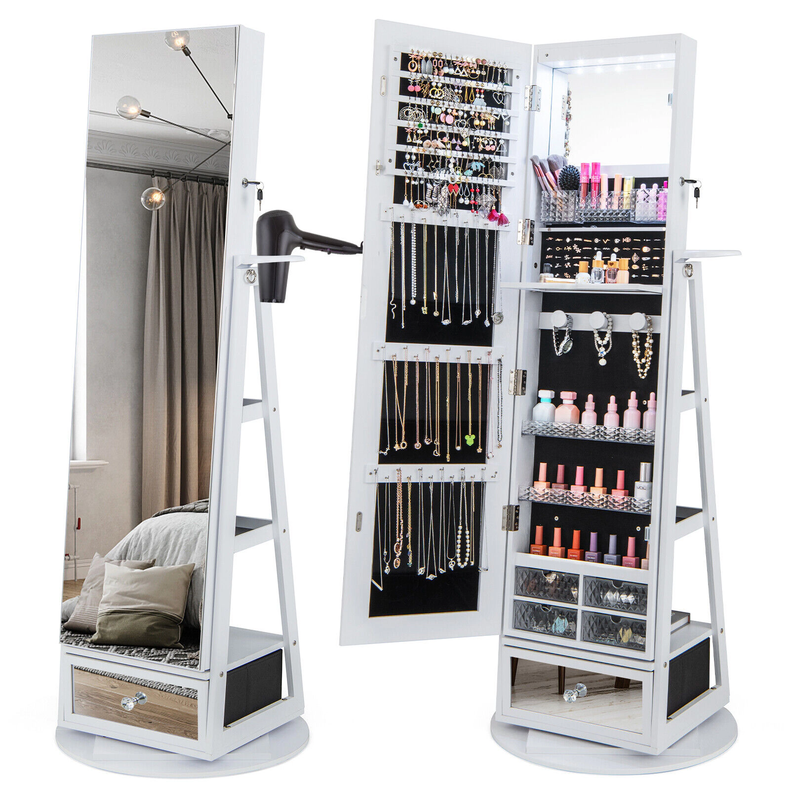 SUGIFT Lockable 360° Swivel Jewelry Cabinet with Full-Length Mirror LED Lights and Makeup Shelf White