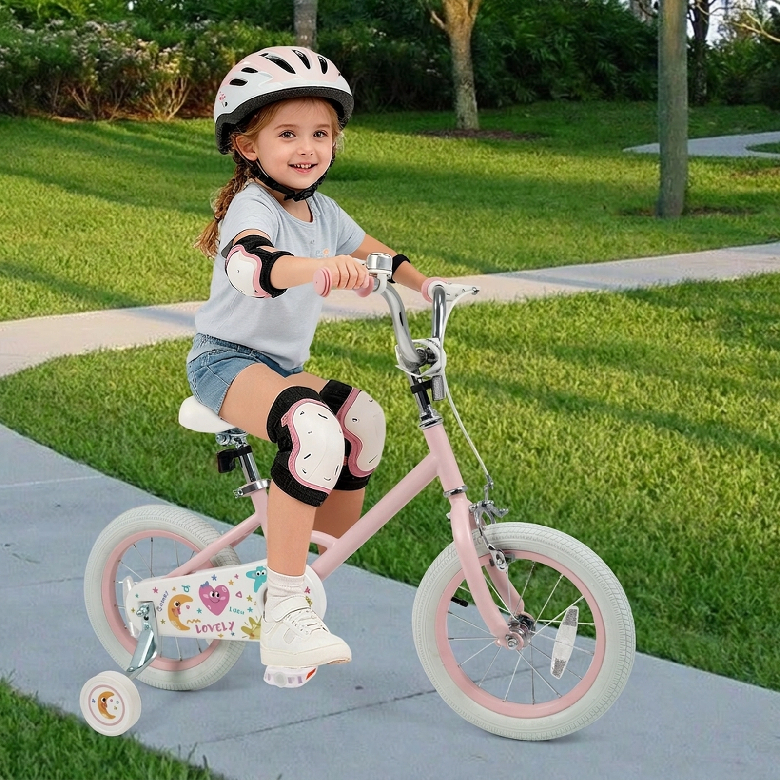 14-in Girls Bike Quick Release Seat 2 Removable Training Wheels 3 Reflectors Dual Brake Kids Ages 3-5 Pink Stars/Moon