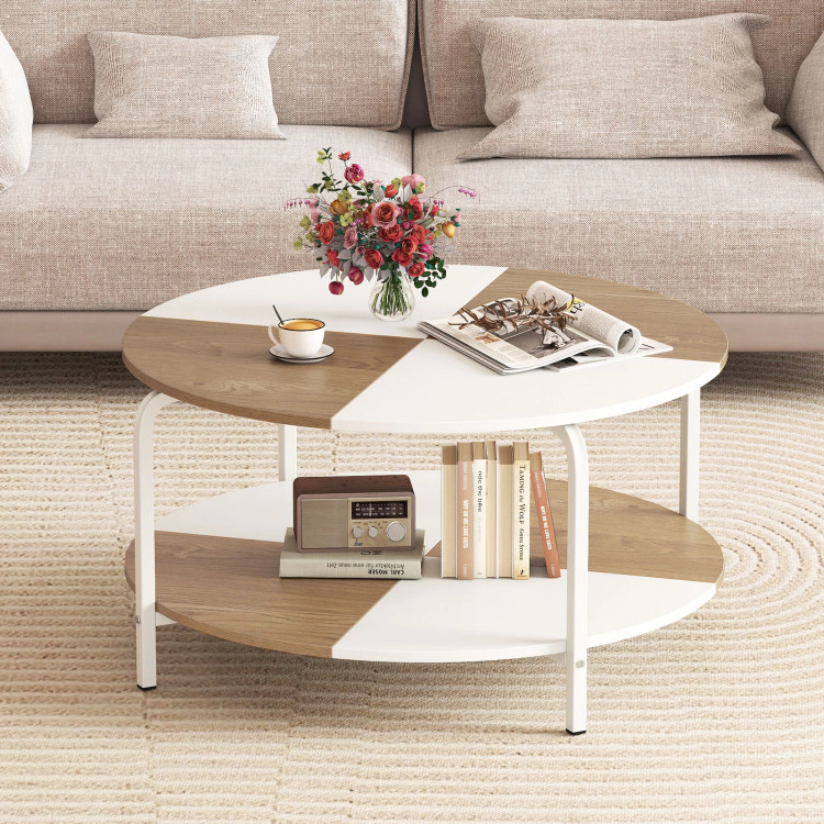 Hivvago 2-Tier Round Coffee Table Metal Frame With Storage Shelf