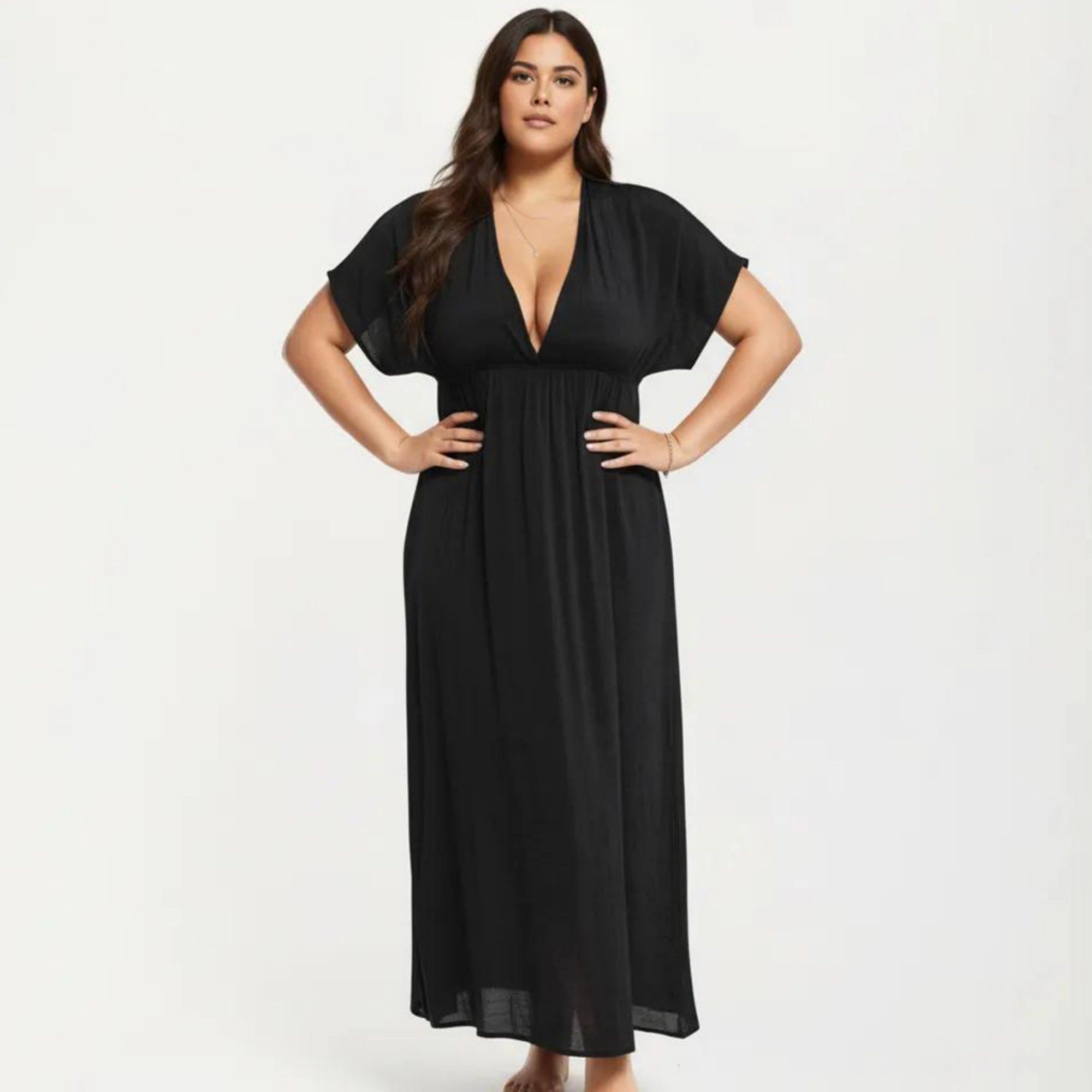 Anna-Kaci Women's Plus Deep V Neck Short Sleeve Loose Fit Flowy Maxi Dress
