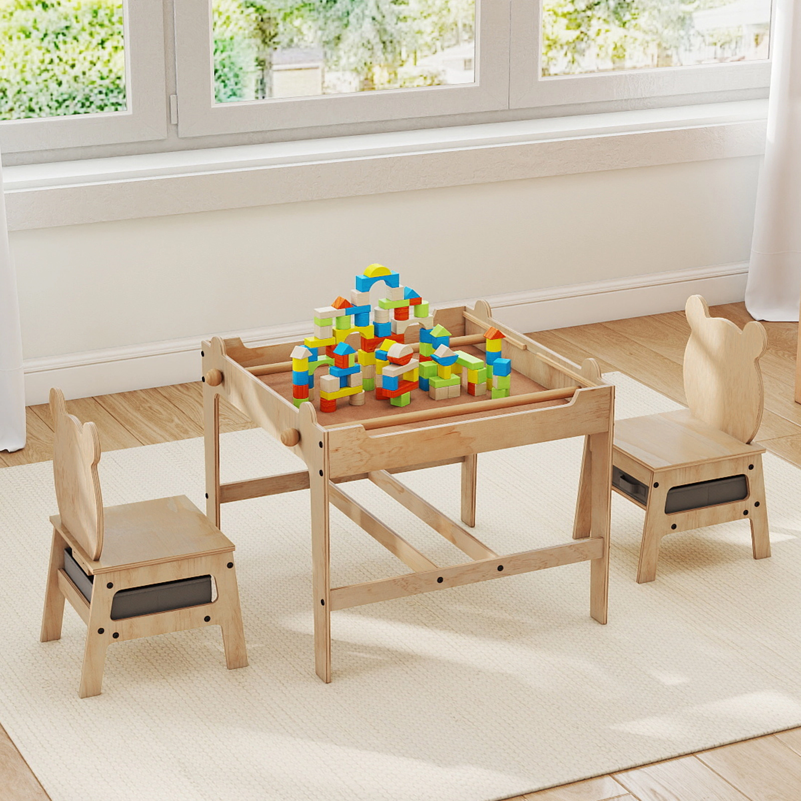 SUGIFT Kids Table and Chairs Set, 4-in-1 Reversible Whiteboard, Panda Chair Backs, 2 Fabric Drawers