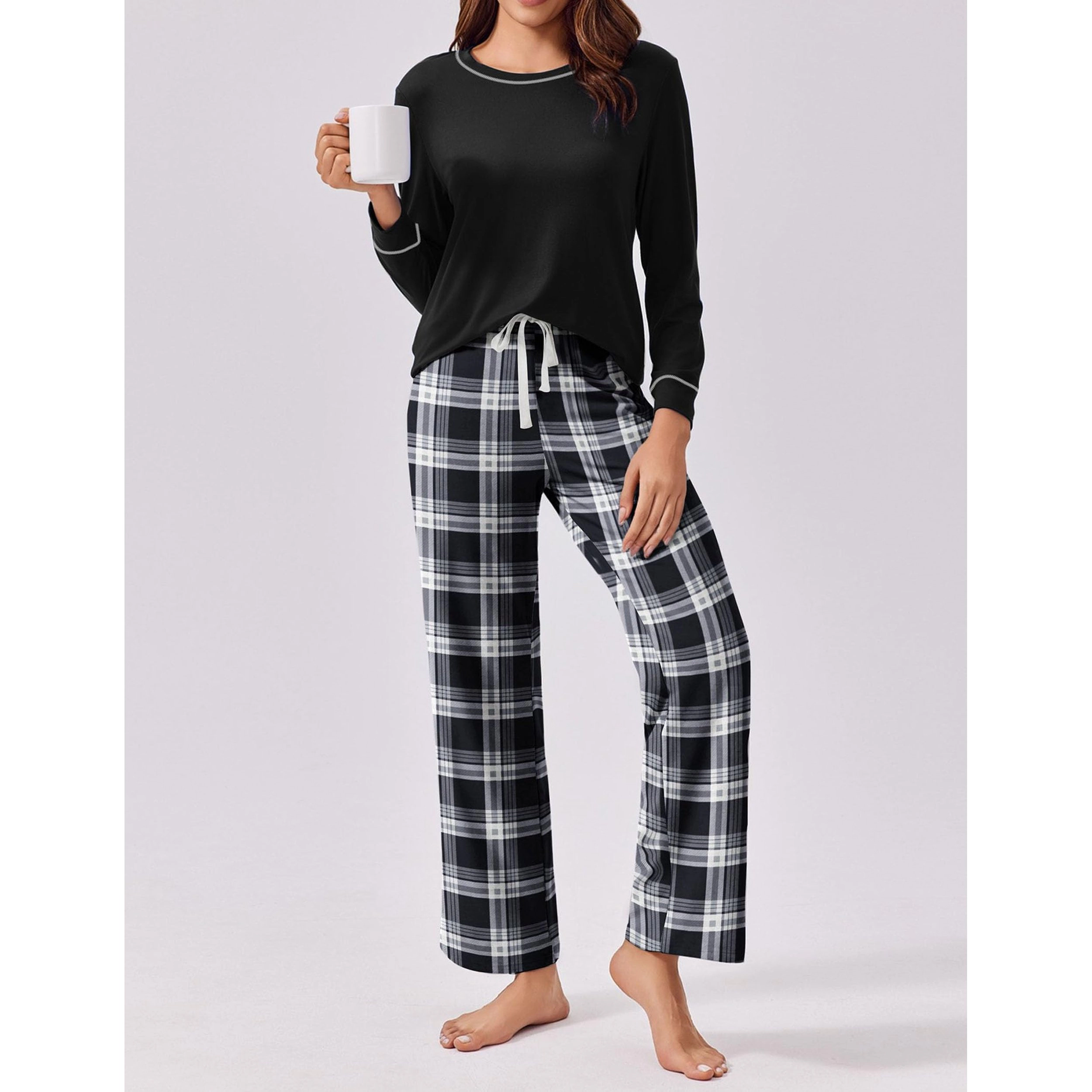 Ekouaer Womens Pajama Set with Plaid Pants Drawstring Elastic Waist Lounge