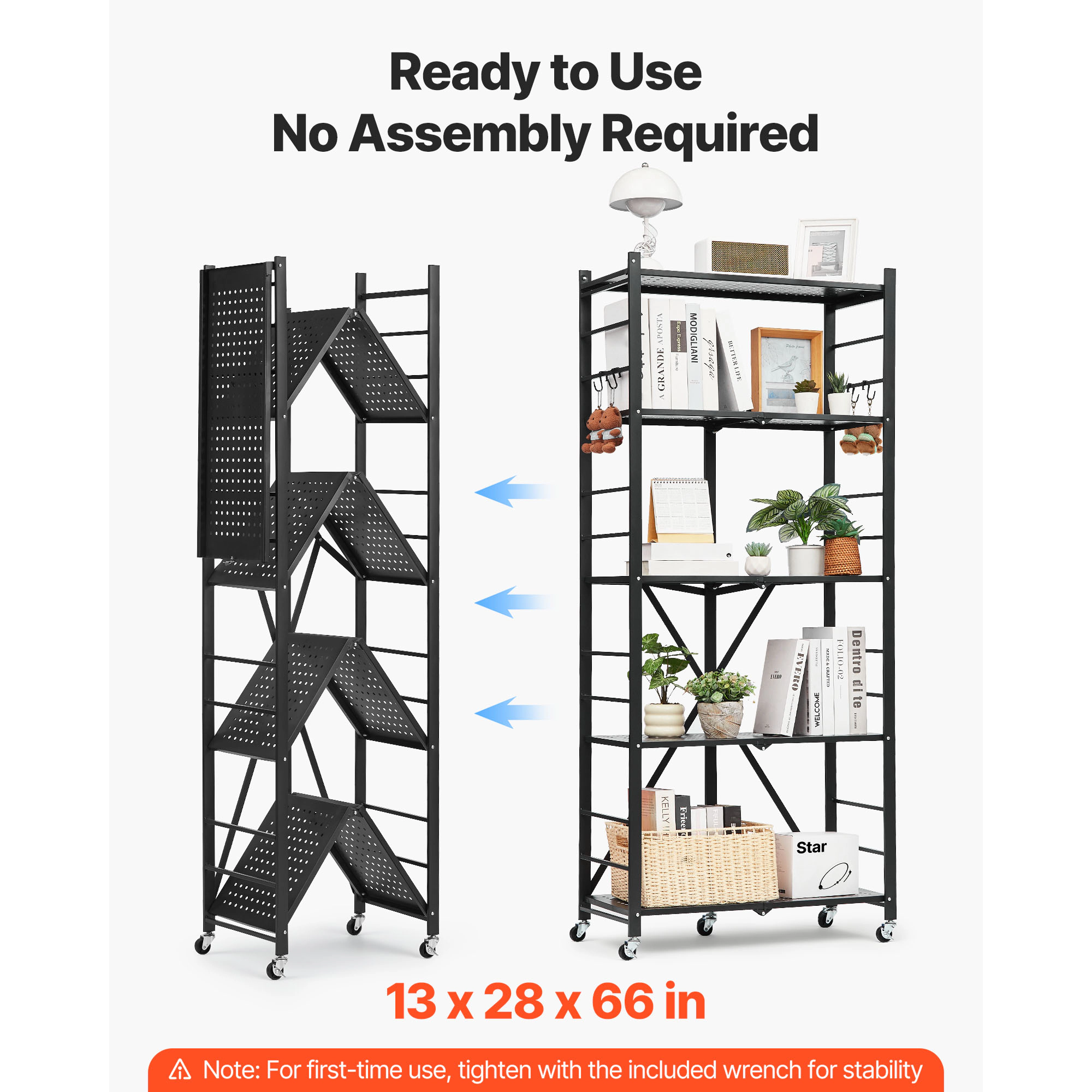 HONGGE Foldable Storage Shelf Folding Metal Rack Shelving Unit No Assembly Organizer Shelf with 5 Wheels & 4 Hooks for