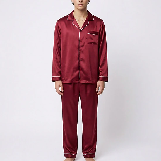 Anna-Kaci Men's 2-Piece Satin Pajamas with Contrast Piping and Button Up Top