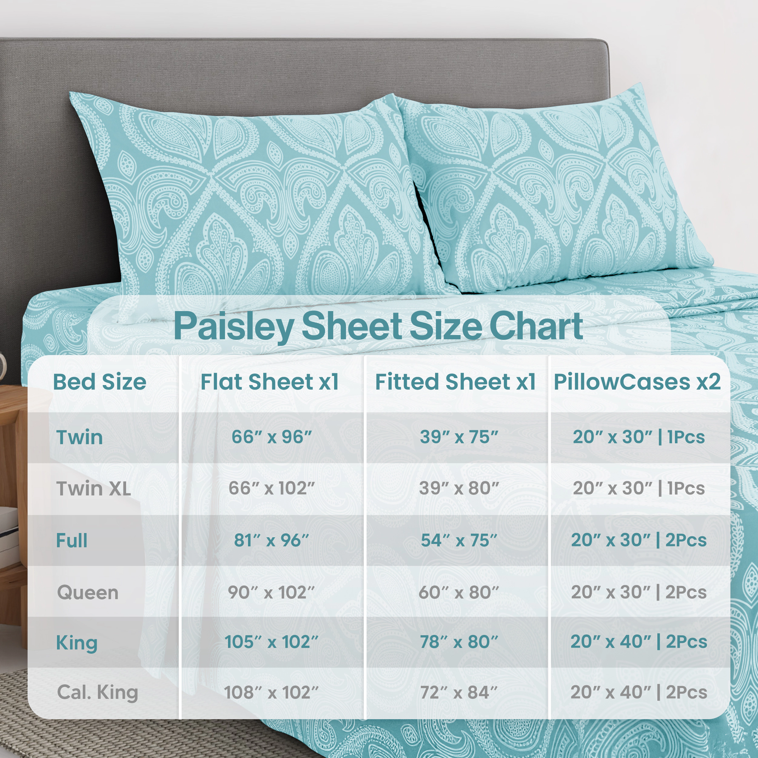 Lux Decor Collection 4-Piece Paisley Printed Bed Sheets Brushed Microfiber Deep Pocket Sheet Set