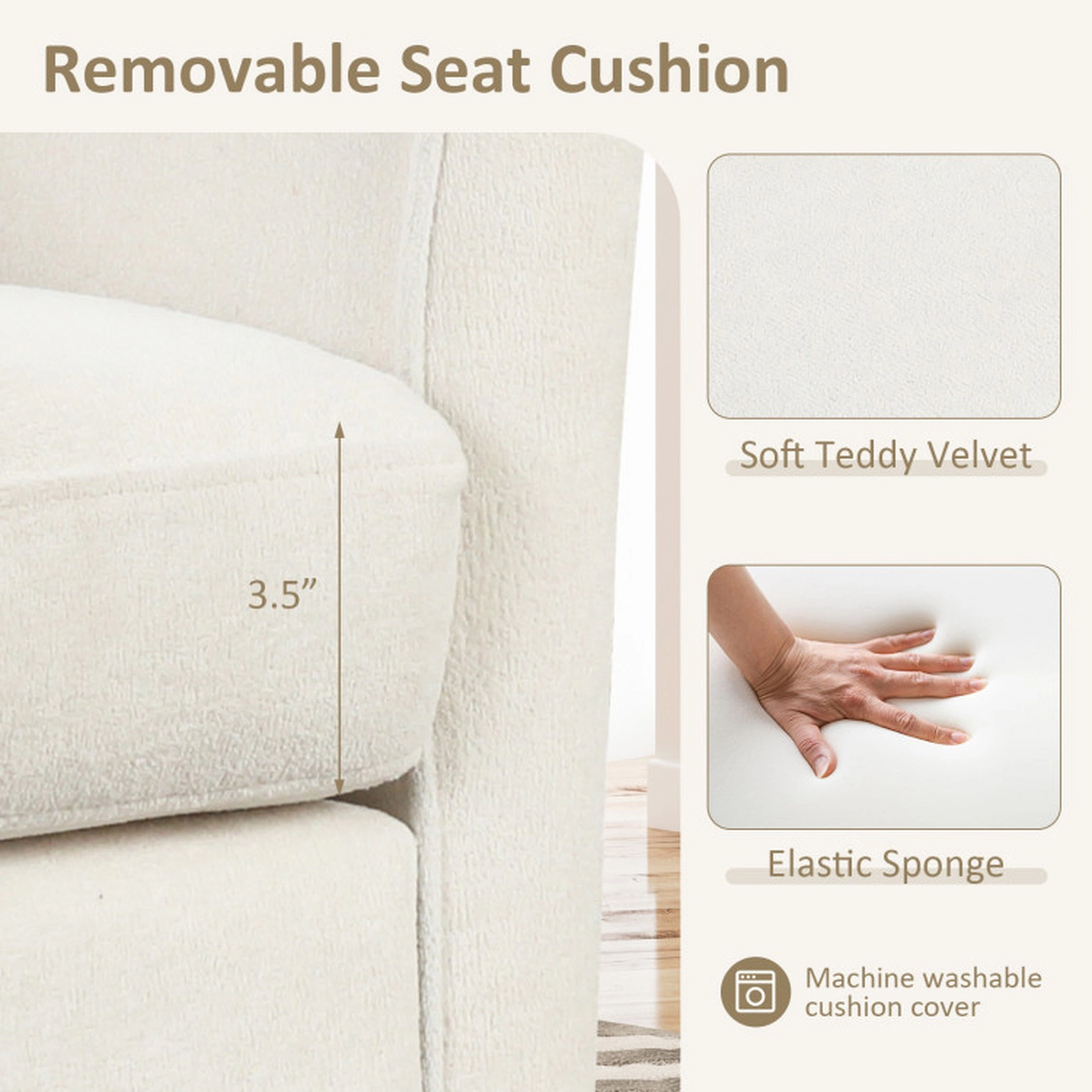 SUGIFT Beige Matching Ottoman Footrest 350-lb Teddy Velvet Club Barrel Chair