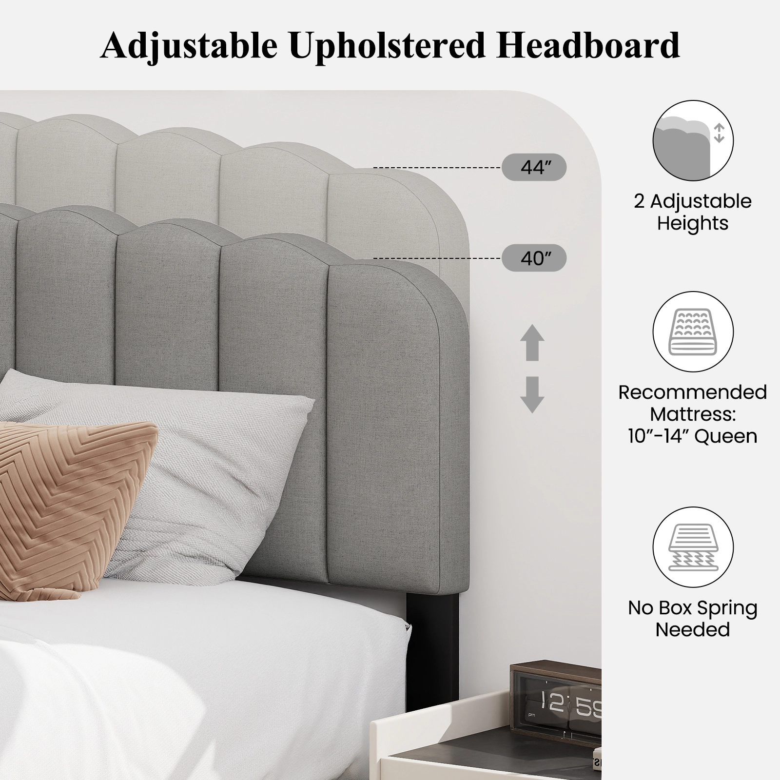 SUGIFT Gray Adjustable Scalloped Tufted Headboard and LVL Slats Queen Size Bed Frame