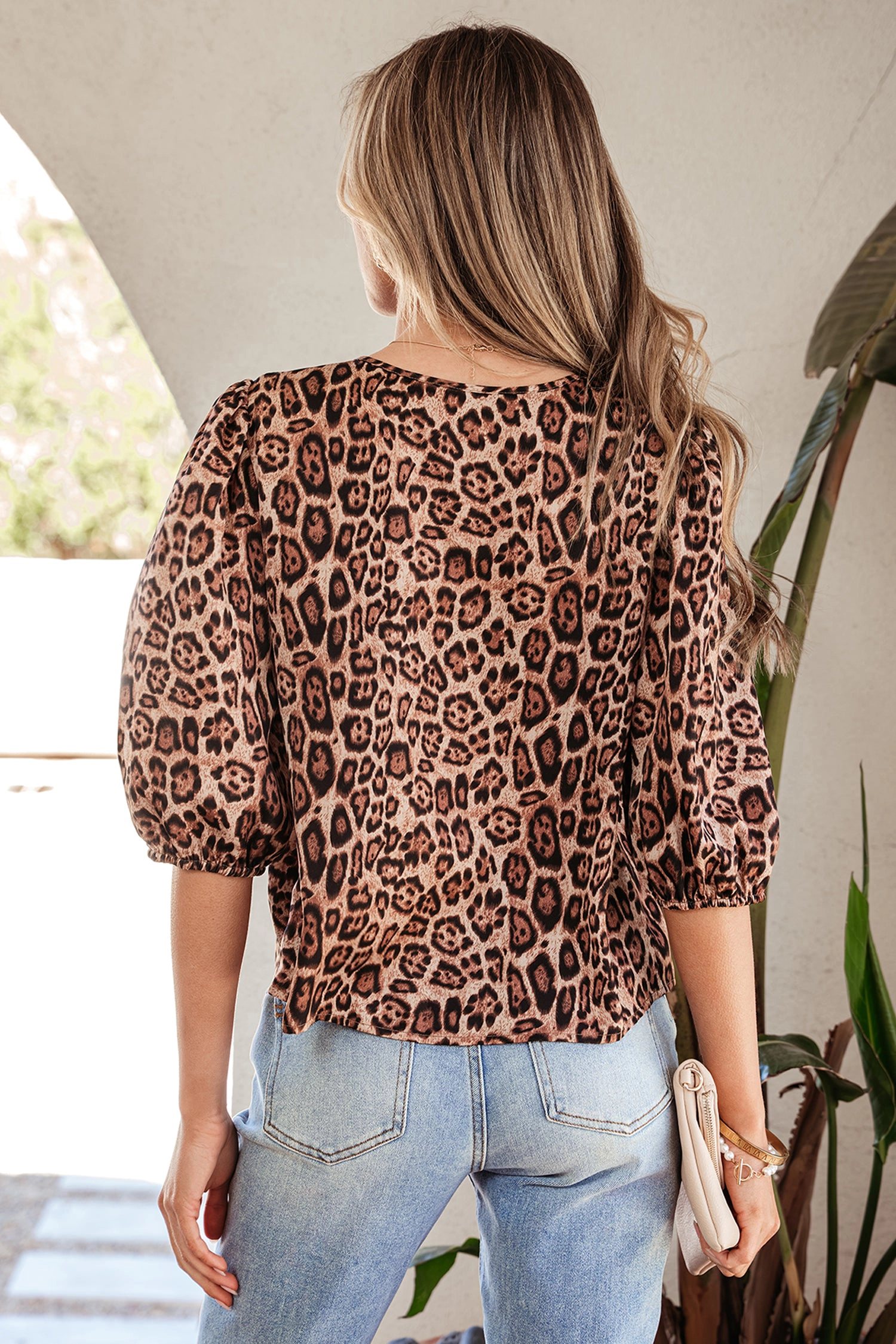 Threaded Pear Womens Promise Tie Puff Sleeve Leopard Blouse