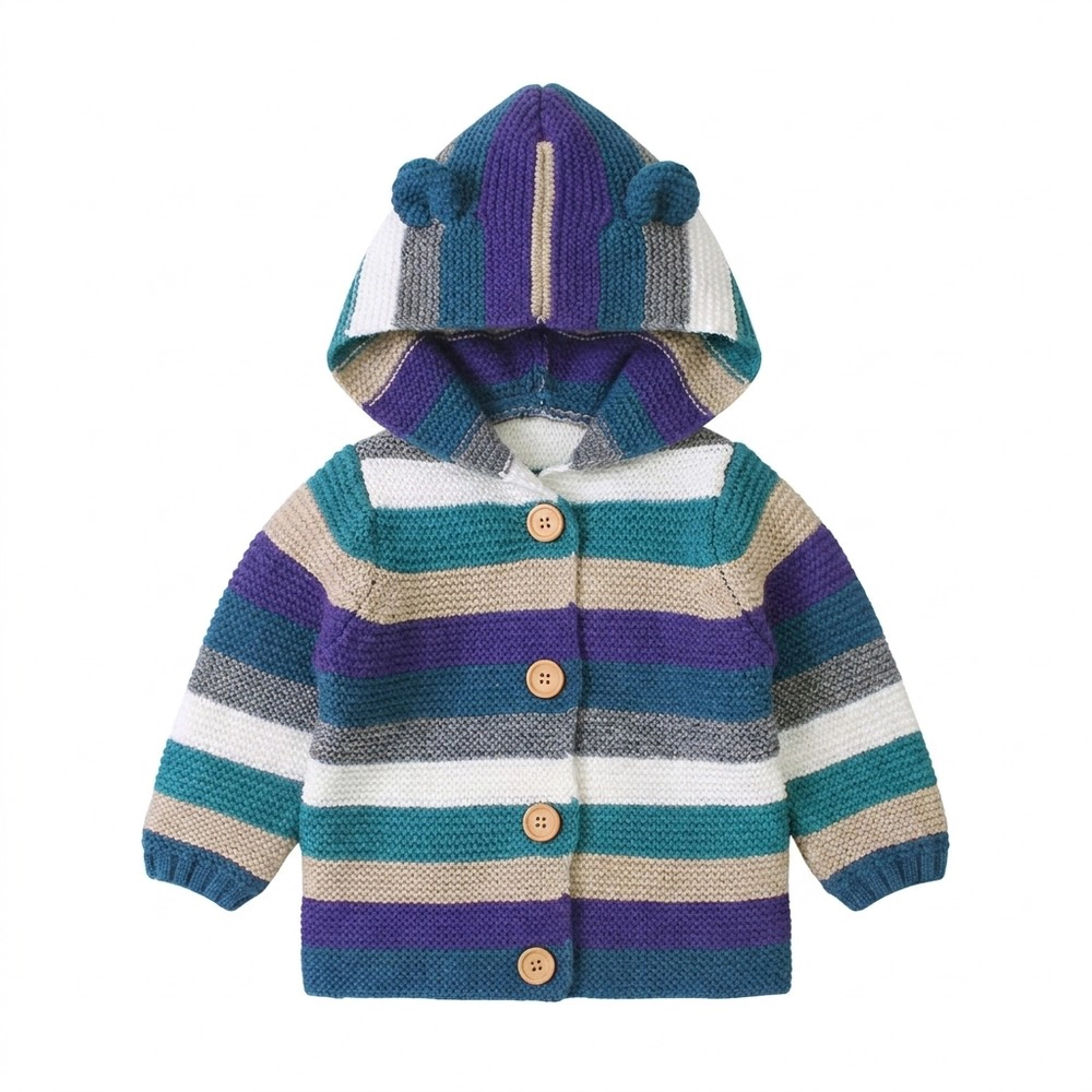 MyKids-USA Toddler Striped Button-Front Knitted Cardigan and Hat