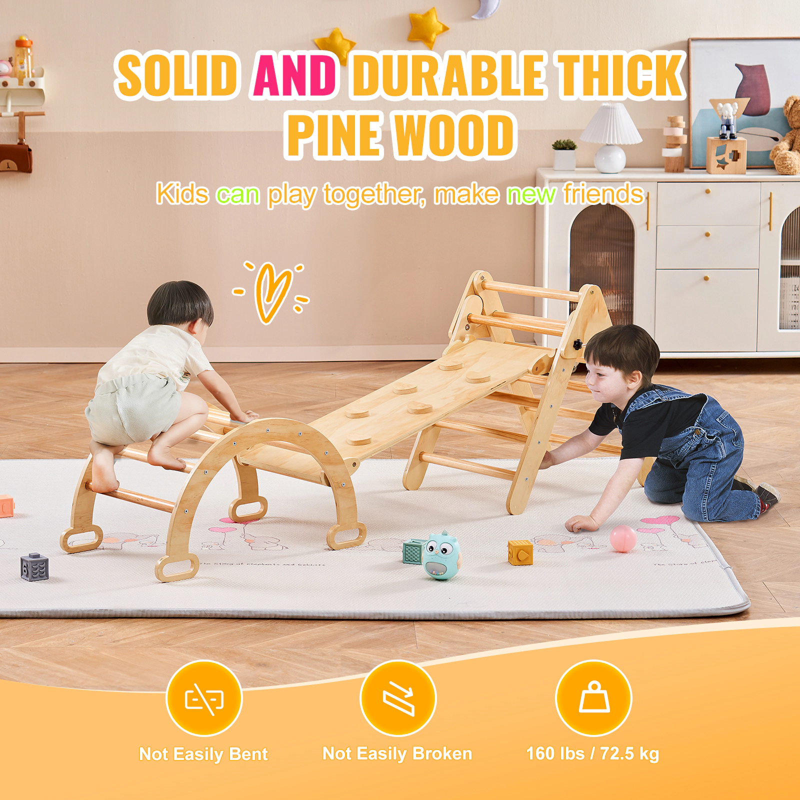 HONGGE Pikler Triangle Set 5 in 1 Toddler Climbing Toys Indoor Playground Ramp and Arch Montessori Climbing Set with