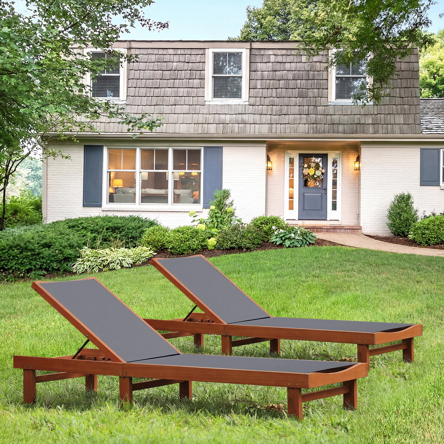 LJG Outdoor Wood Chaise Lounge Chair with 5-Position Adjustable Back