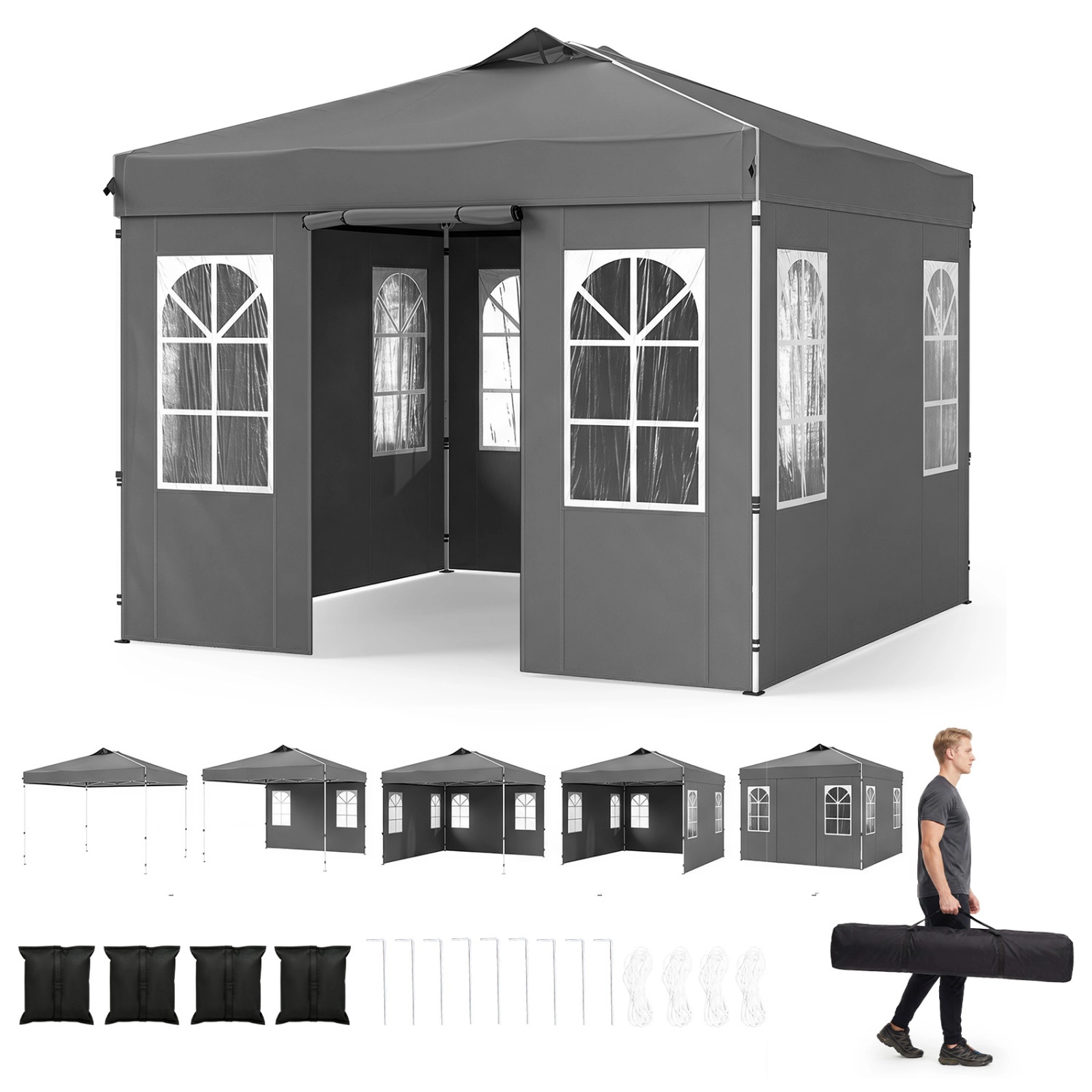 SUGIFT Gray 10-ft by 10-ft 3-Level 210D Oxford Pop Up Canopy Tent with 4 Removable Sidewalls and Windows