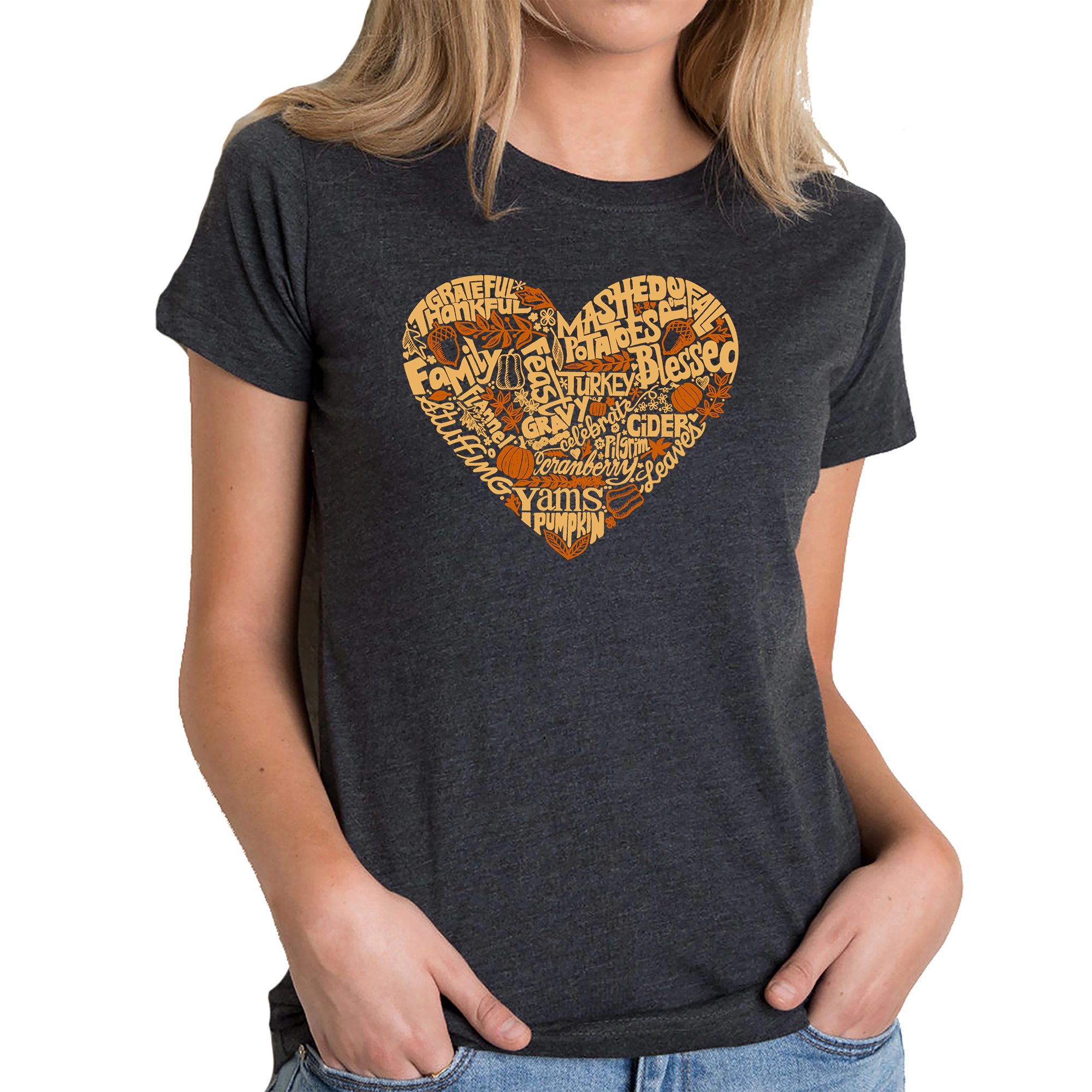 LA Pop Art Women's Cotton/Poly Blend Word T-Shirt - Thanksgiving Heart