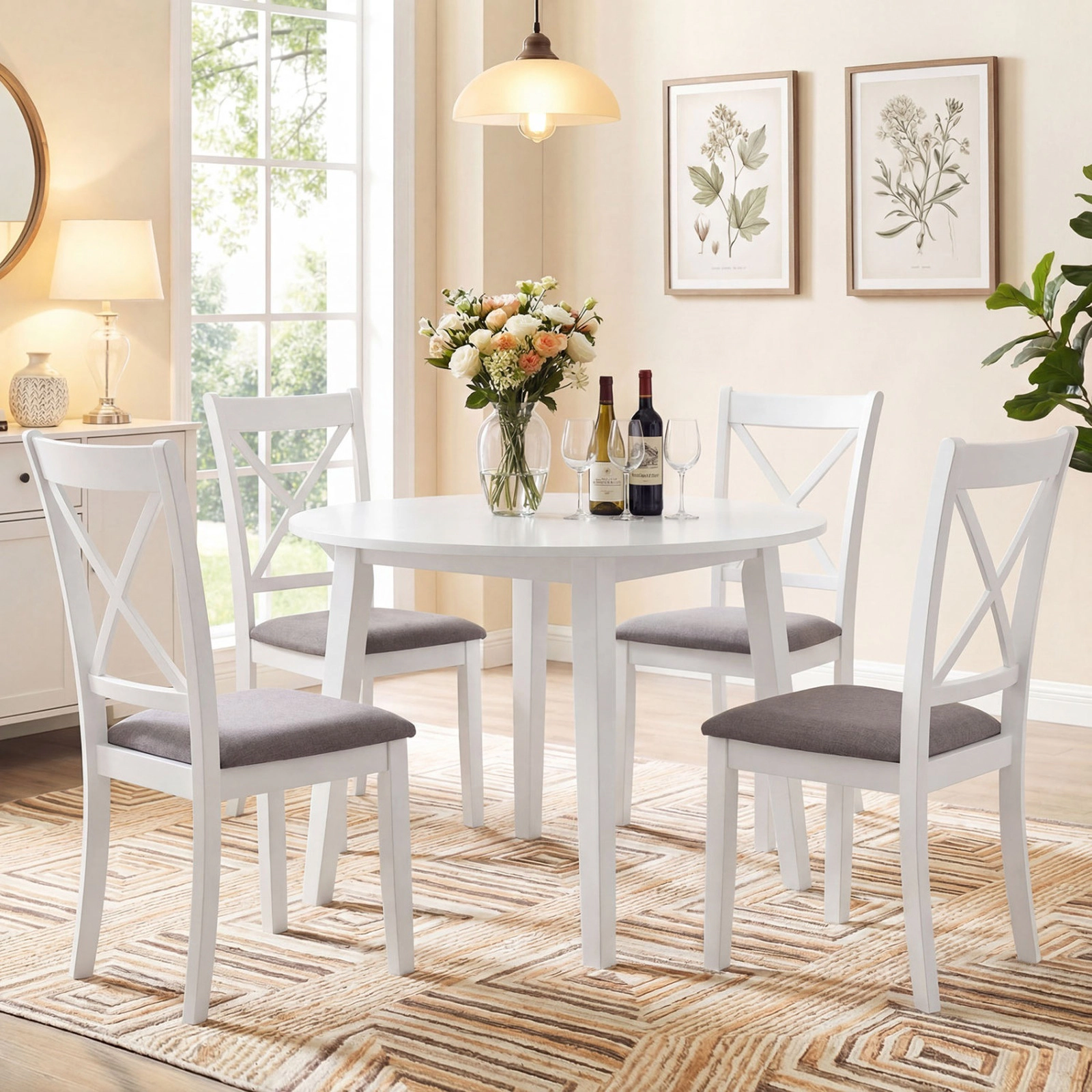 SUGIFT Breathable Hollow-Back Dining Chairs 330-lb Capacity White & Gray with Padded Linen Seat