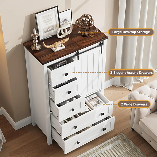 BebreezChic Farmhouse 5-Drawer Dresser for Bedroom, Wood Chest with Sliding Barn Door, Adjustable Shelf