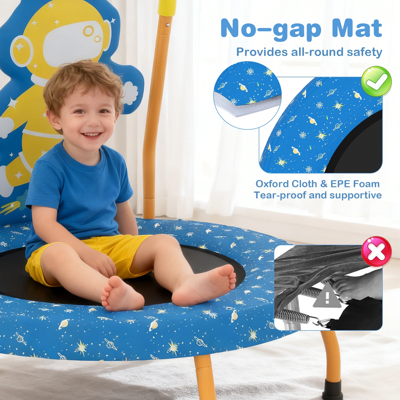 SUGIFT Springless Mini Trampoline for Toddlers Foam Padded Handle & Safety Padded Cover 176-lb Capacity Ages 3-6 Blue