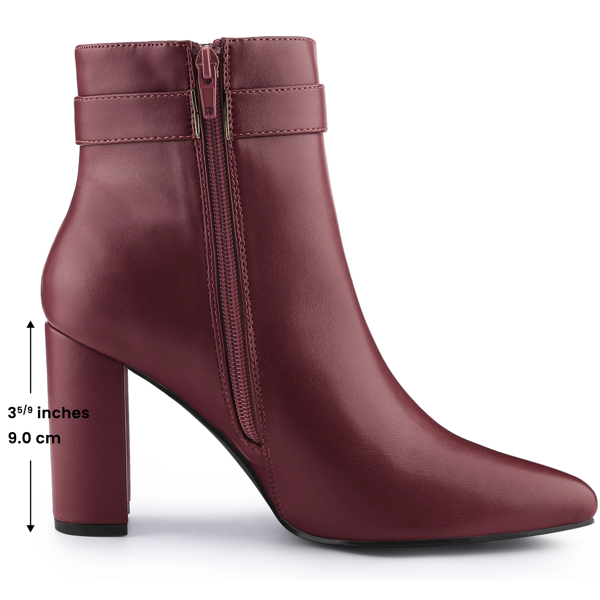 BLISSFUL STEP Women Leather Pointed Toe Buckle Decor Block Heel Ankle Booties
