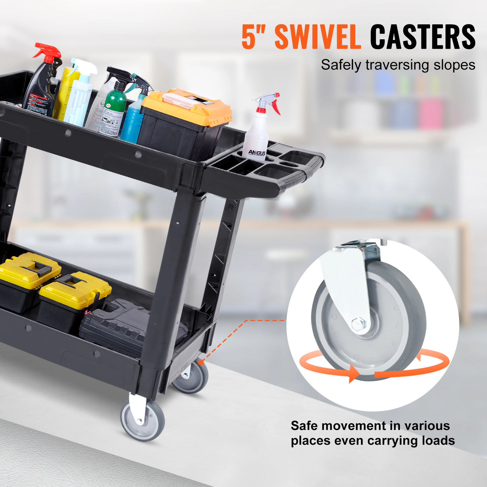 HONGGE Utility Cart Service Cart Heavy Duty Plastic Utility Cart with 360° Swivel Wheels with for