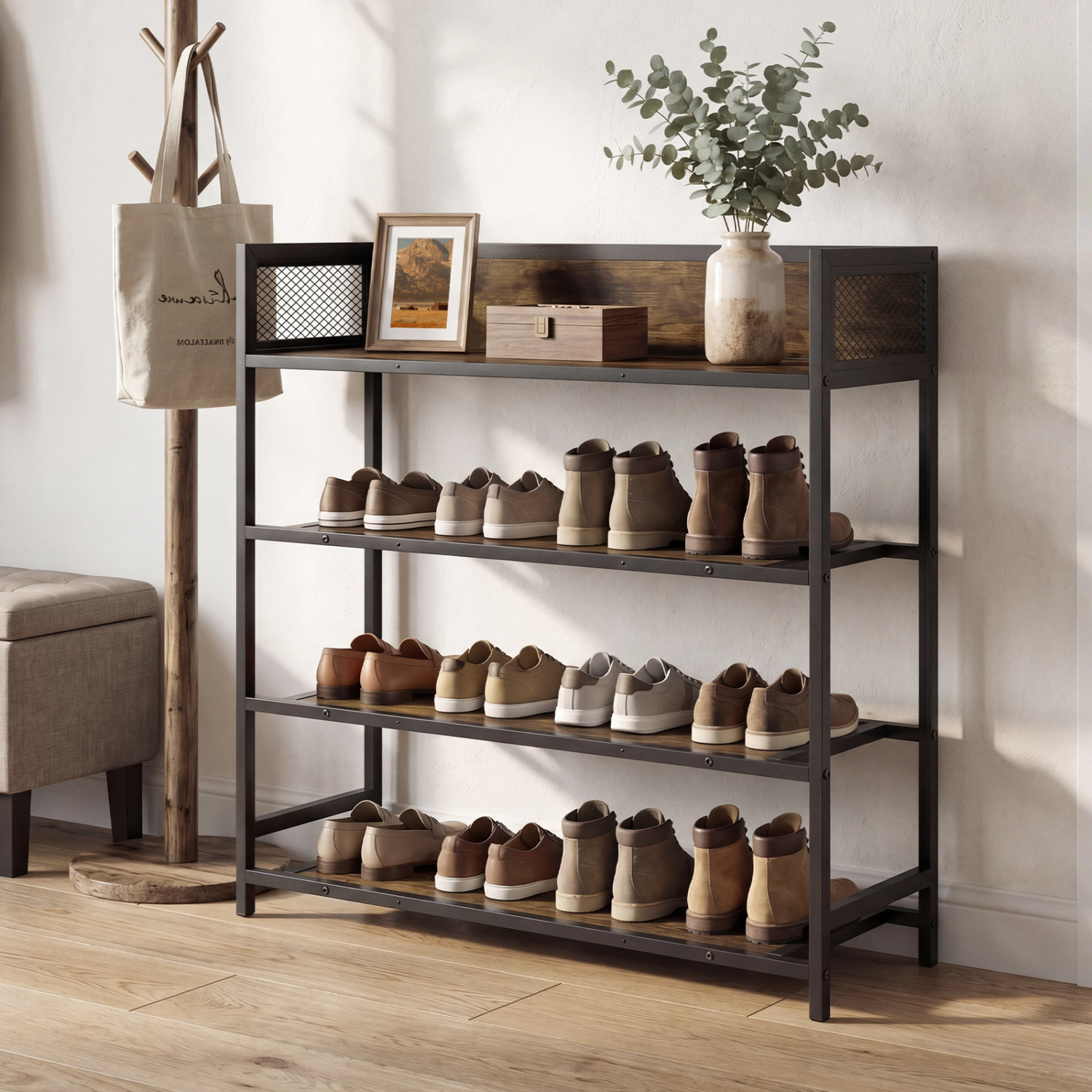 Glintex 4-Tier Industrial Shoe Rack with Metal Frame and Anti-Fall Guardrails, Rustic Brown