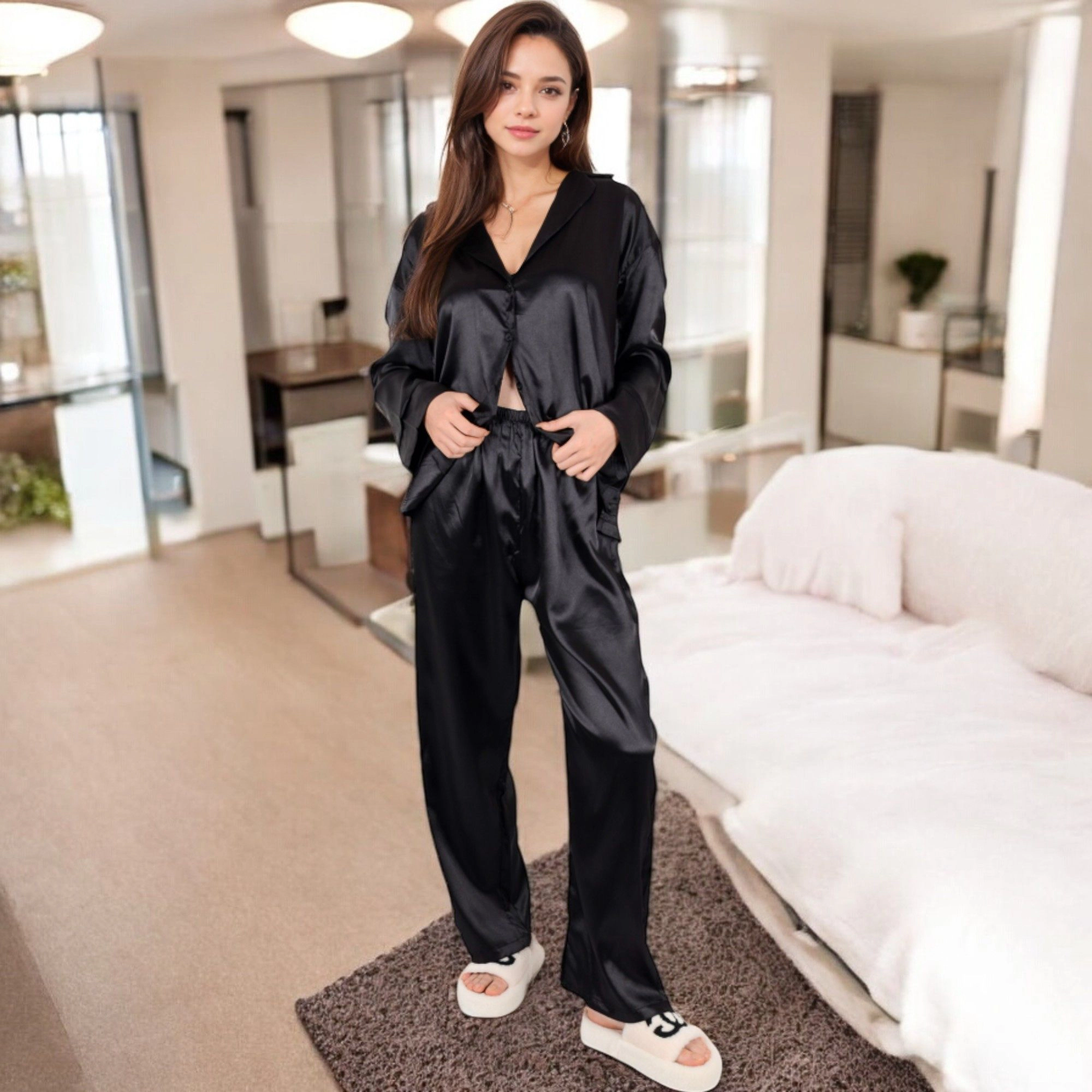 Anna-Kaci Women's Satin 2-Piece Pajama Set with Long Sleeve Button Up Shirt and Relaxed Fit Wide Leg Pants