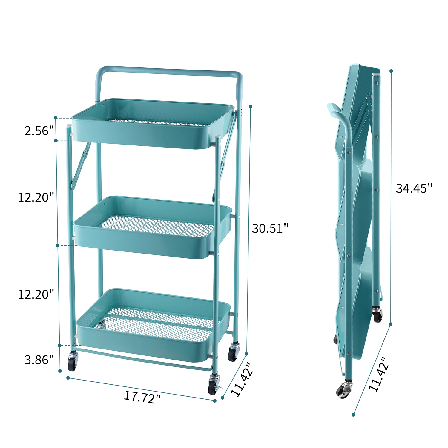 Mega Casa Foldable Rolling Cart 3-Tier Utility Storage Multifunctional Metal Bin Organizer Carts
